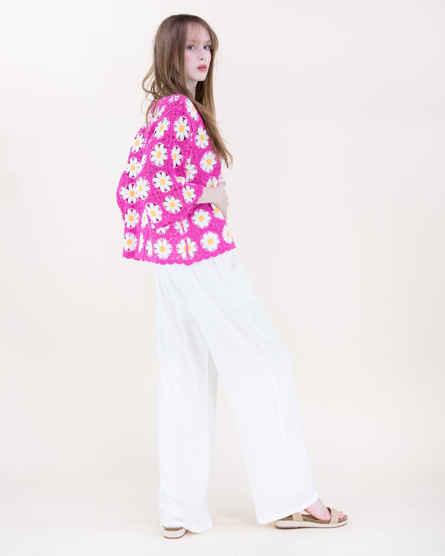 Daisy Cotton Crochet Quarter Sleeve Summer Sweater