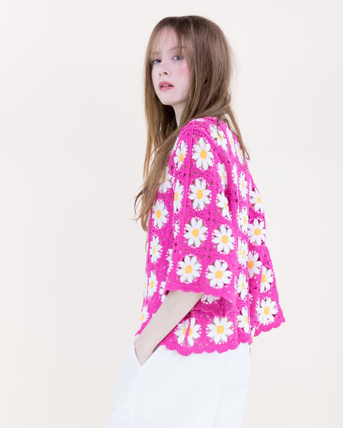 Daisy Cotton Crochet Quarter Sleeve Summer Sweater