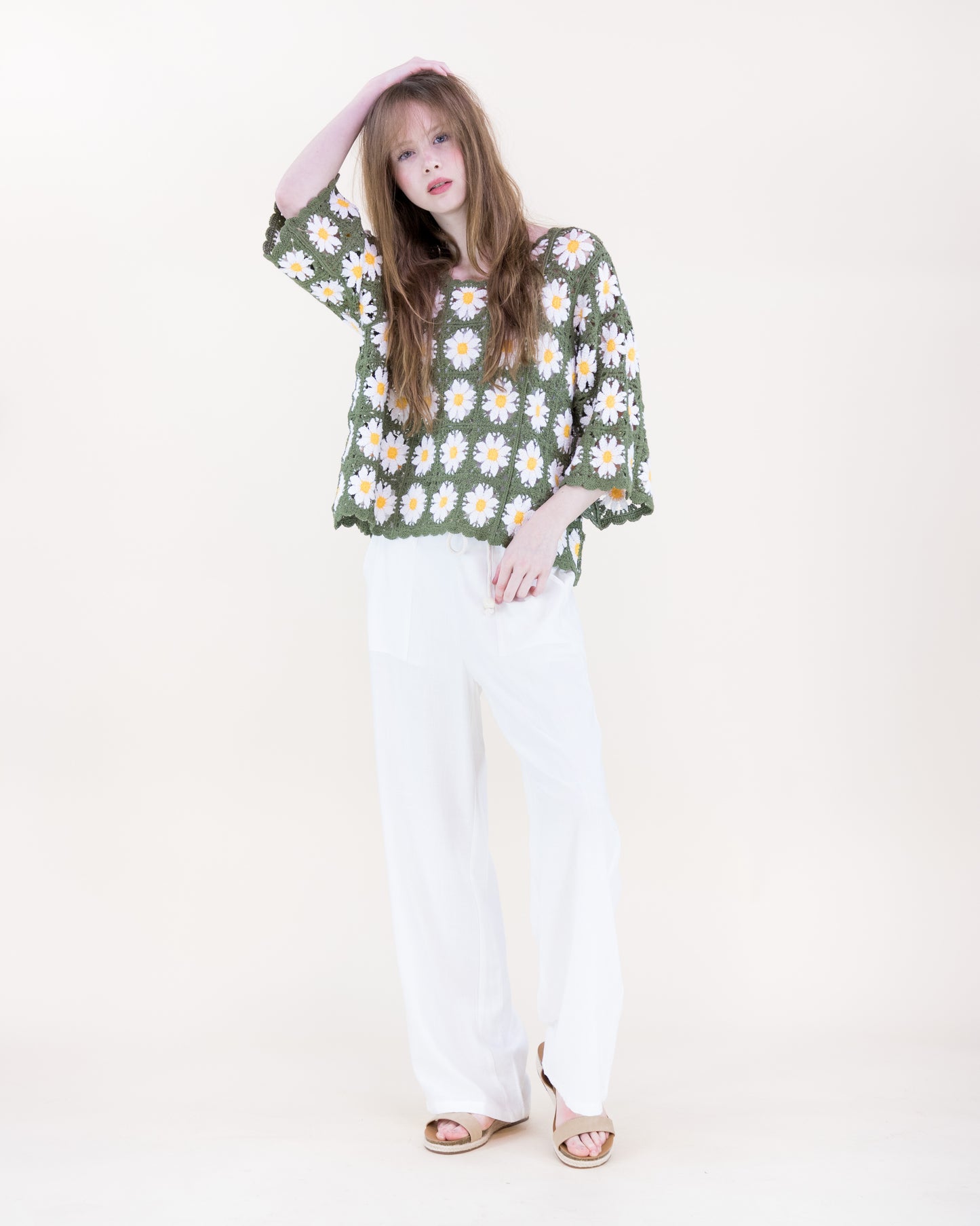 Daisy Cotton Crochet Quarter Sleeve Summer Sweater