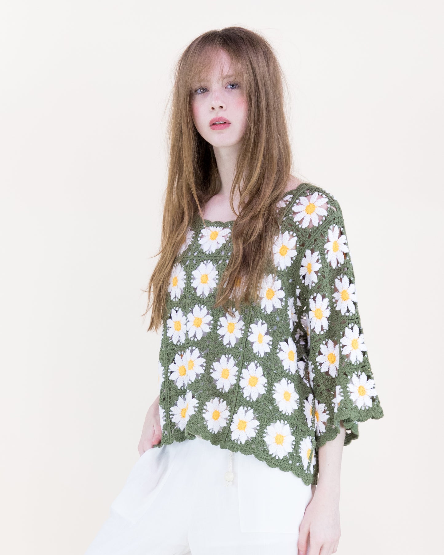 Daisy Cotton Crochet Quarter Sleeve Summer Sweater