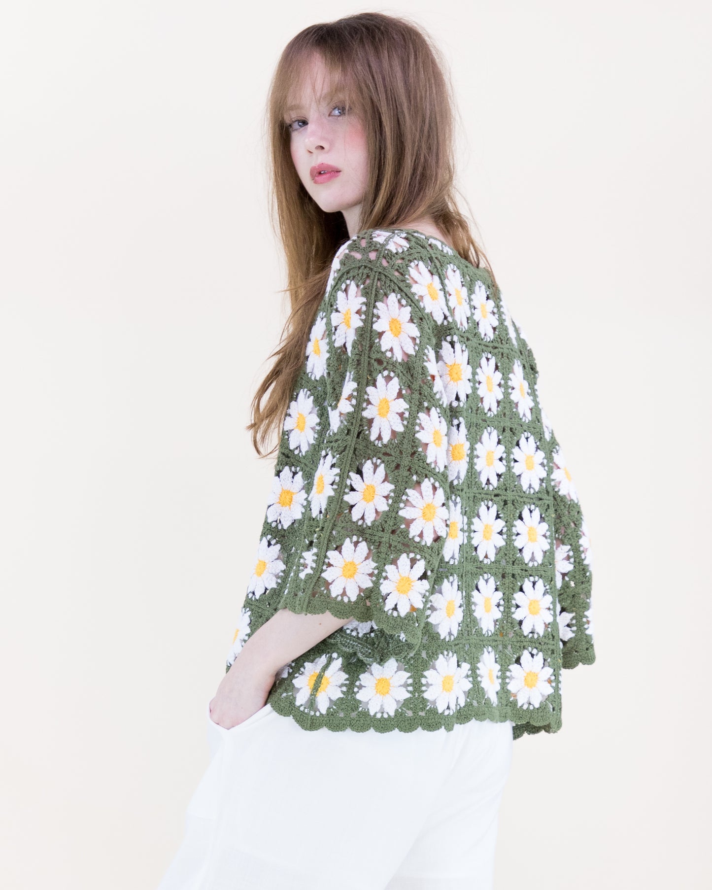 Daisy Cotton Crochet Quarter Sleeve Summer Sweater