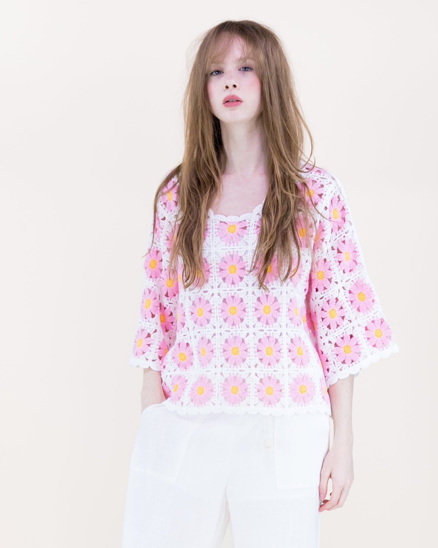 Daisy Cotton Crochet Quarter Sleeve Summer Sweater