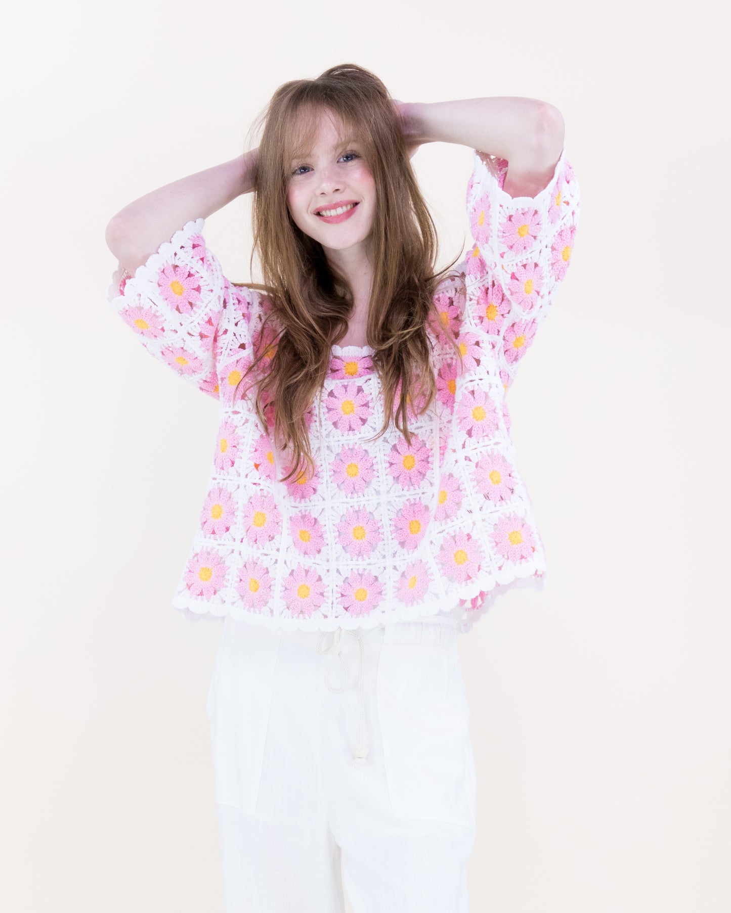 Daisy Cotton Crochet Quarter Sleeve Summer Sweater