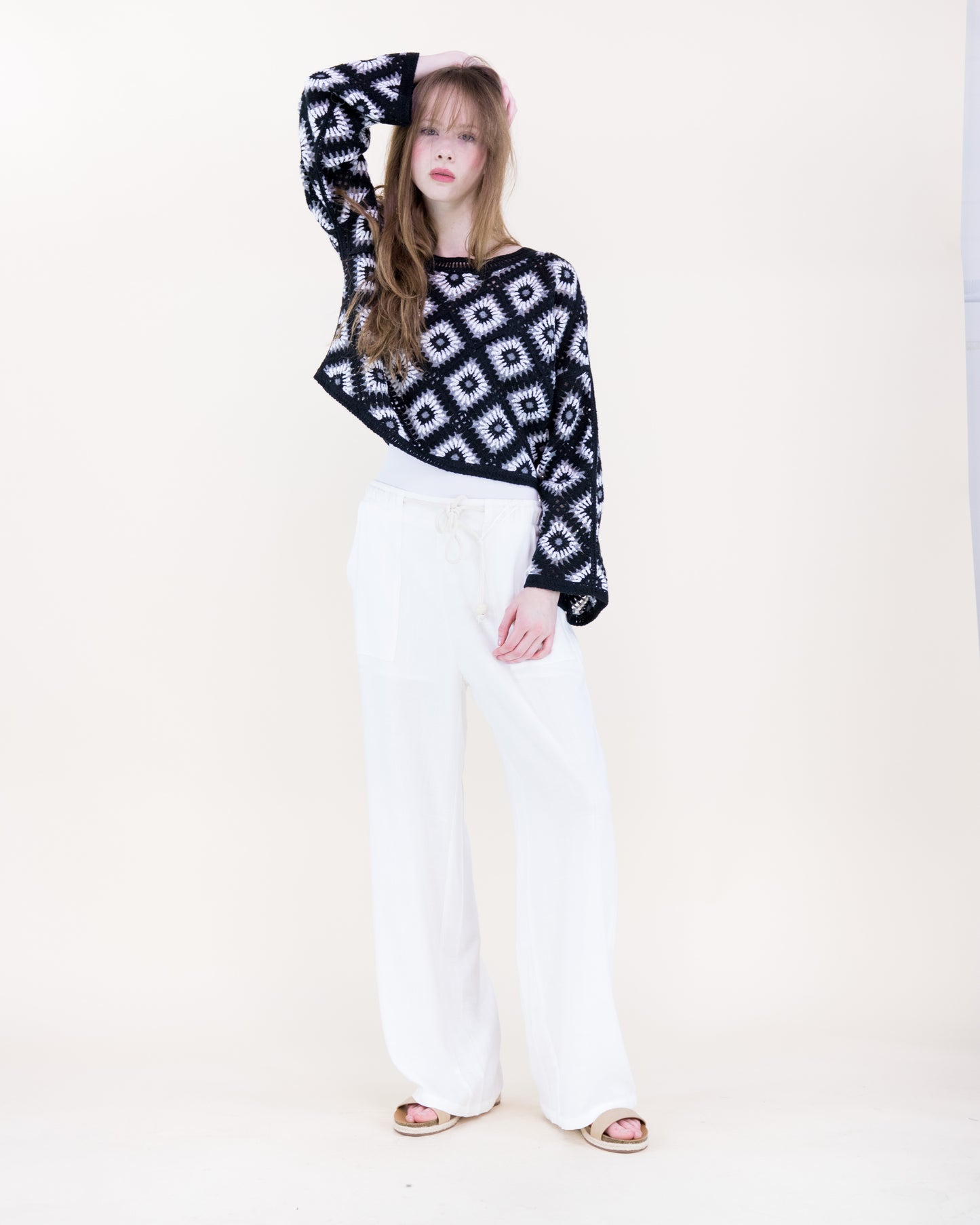 Diamond Crochet Long Sleeve Cropped Summer Sweater