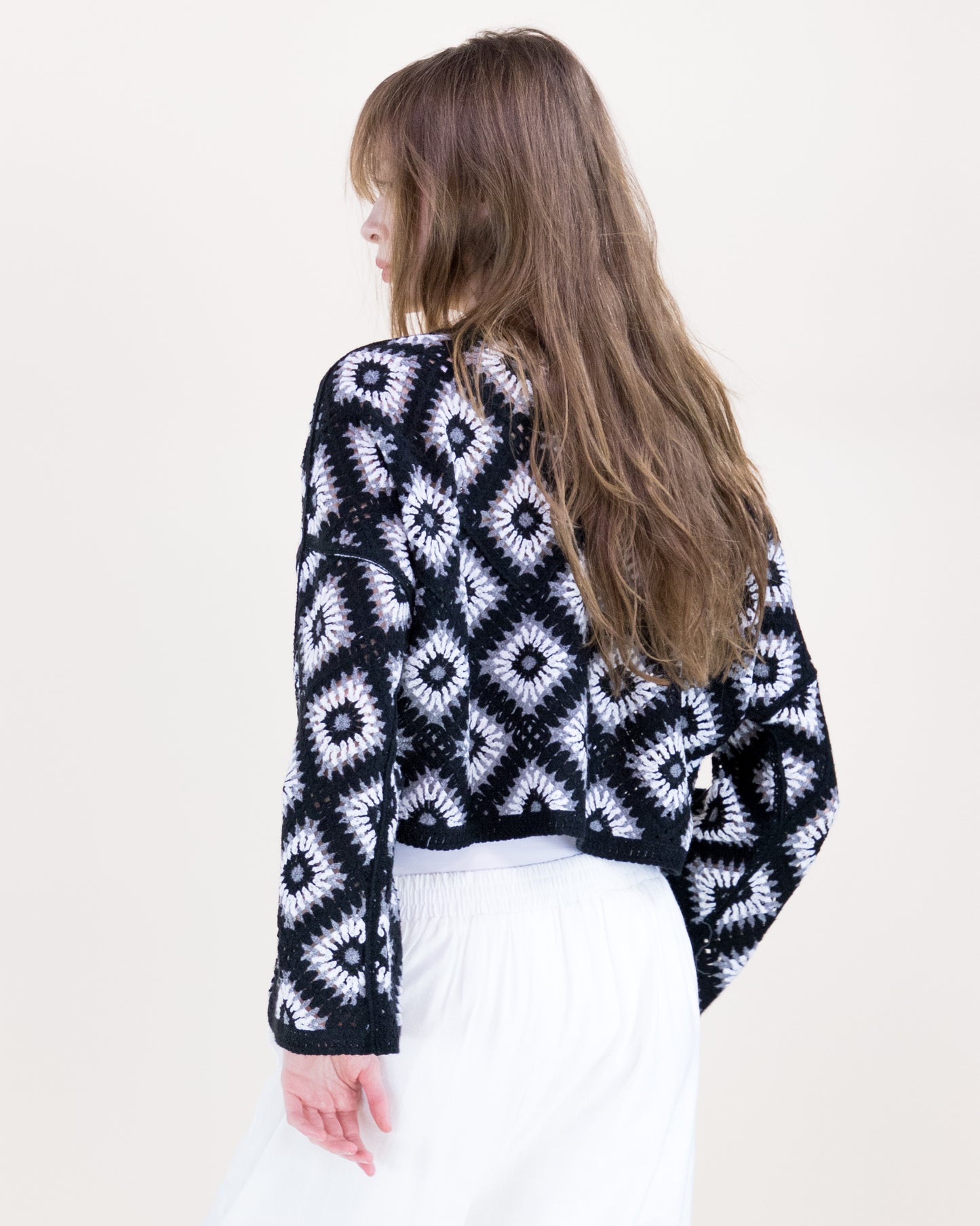 Diamond Crochet Long Sleeve Cropped Summer Sweater