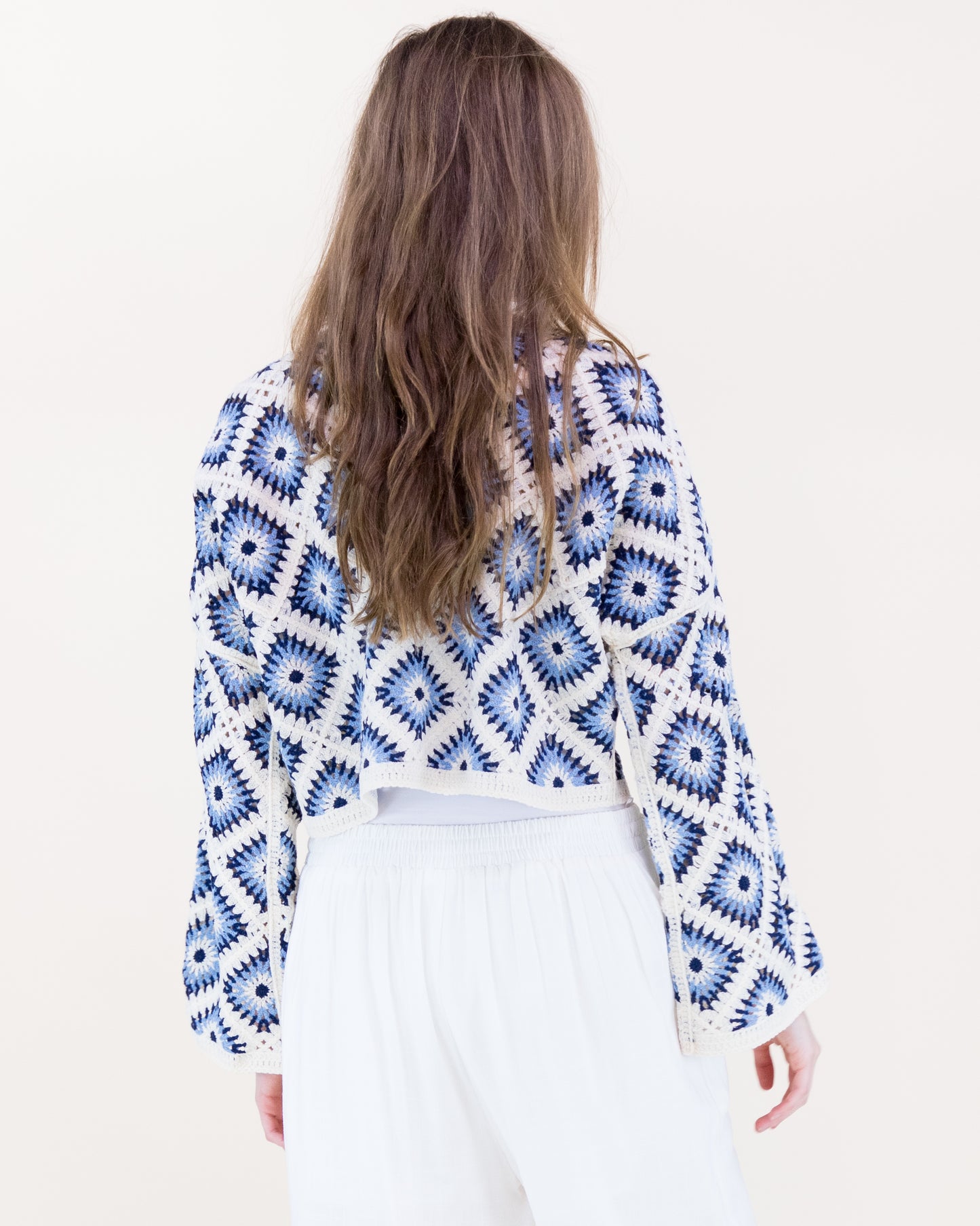 Diamond Crochet Long Sleeve Cropped Summer Sweater