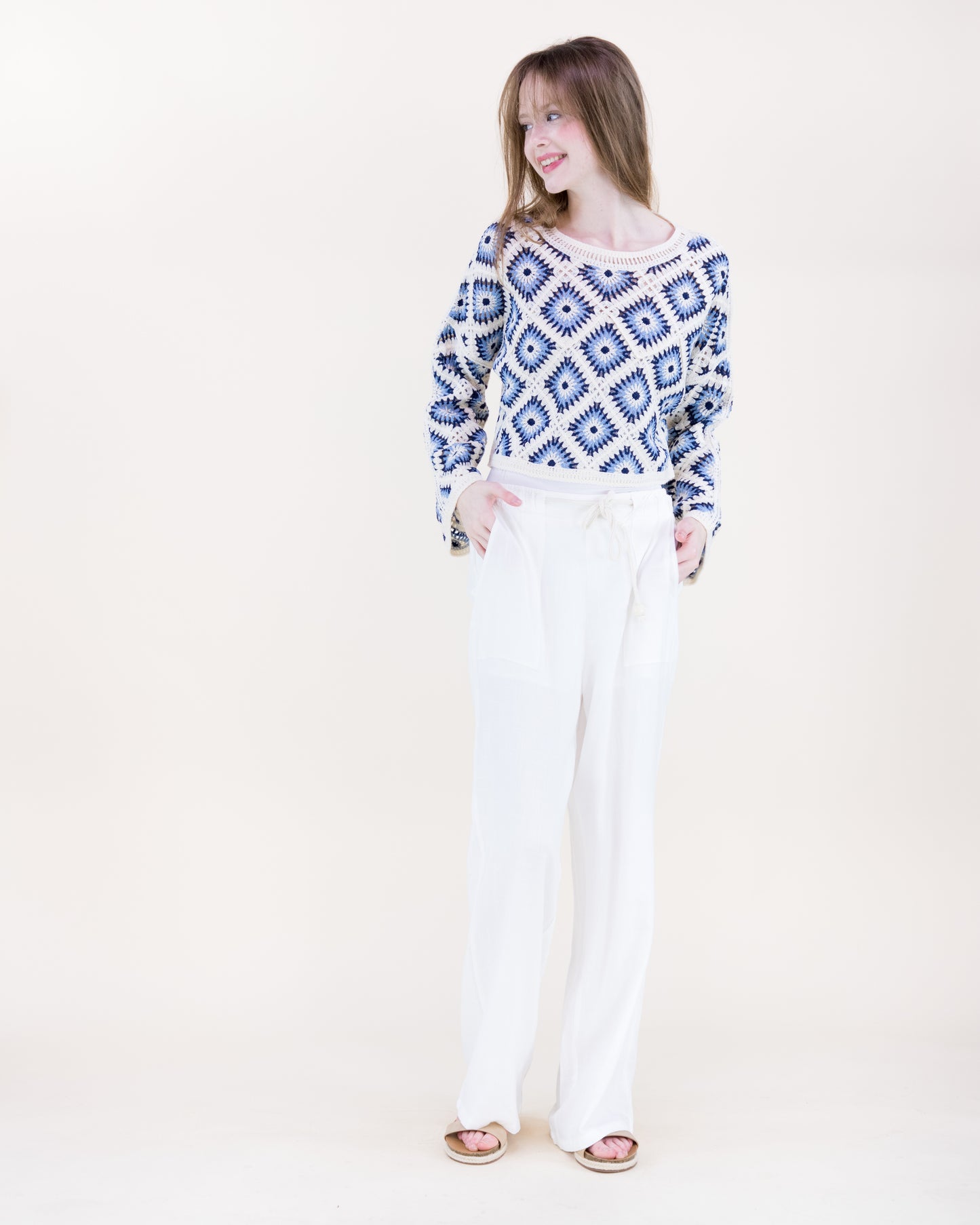 Diamond Crochet Long Sleeve Cropped Summer Sweater