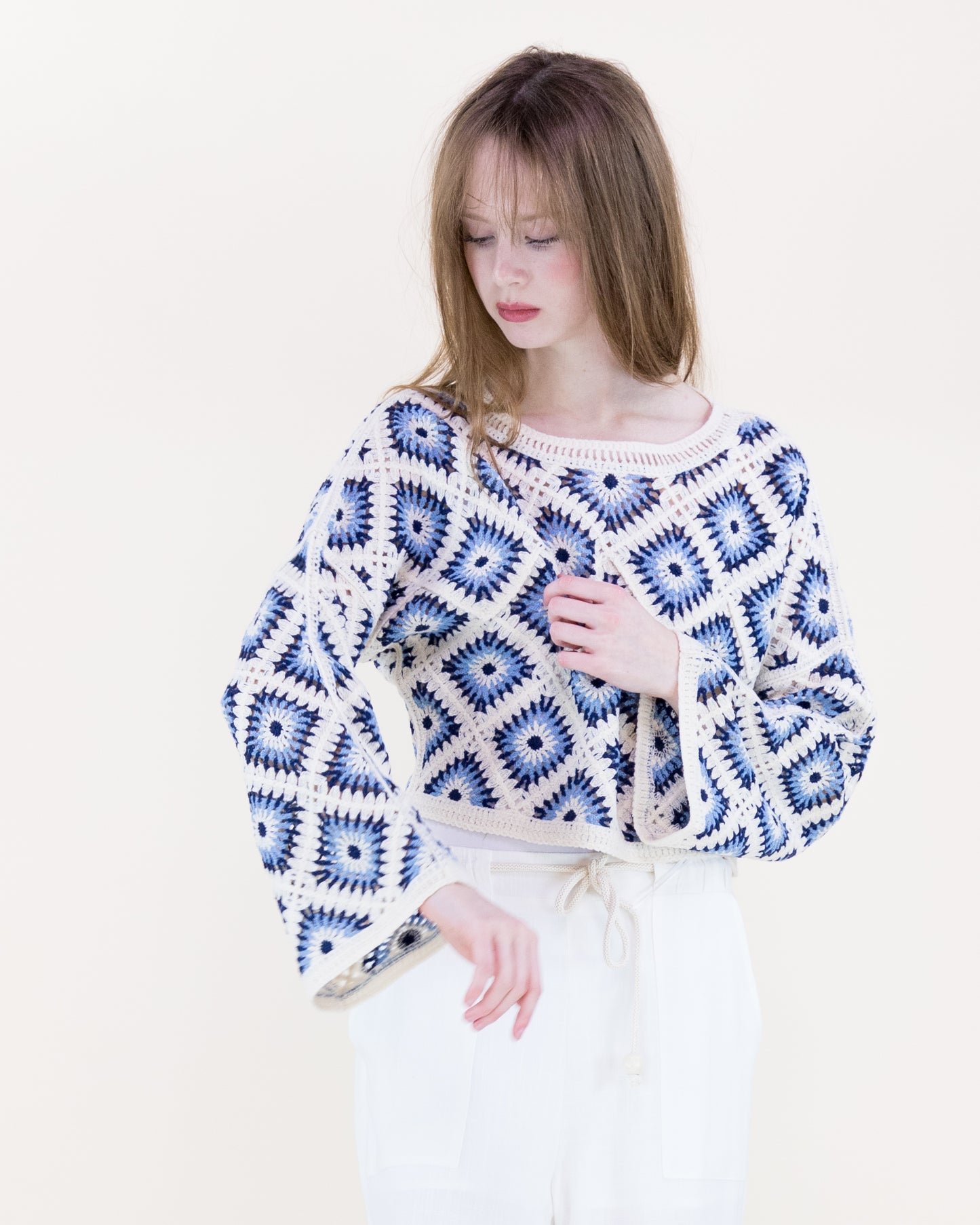 Diamond Crochet Long Sleeve Cropped Summer Sweater