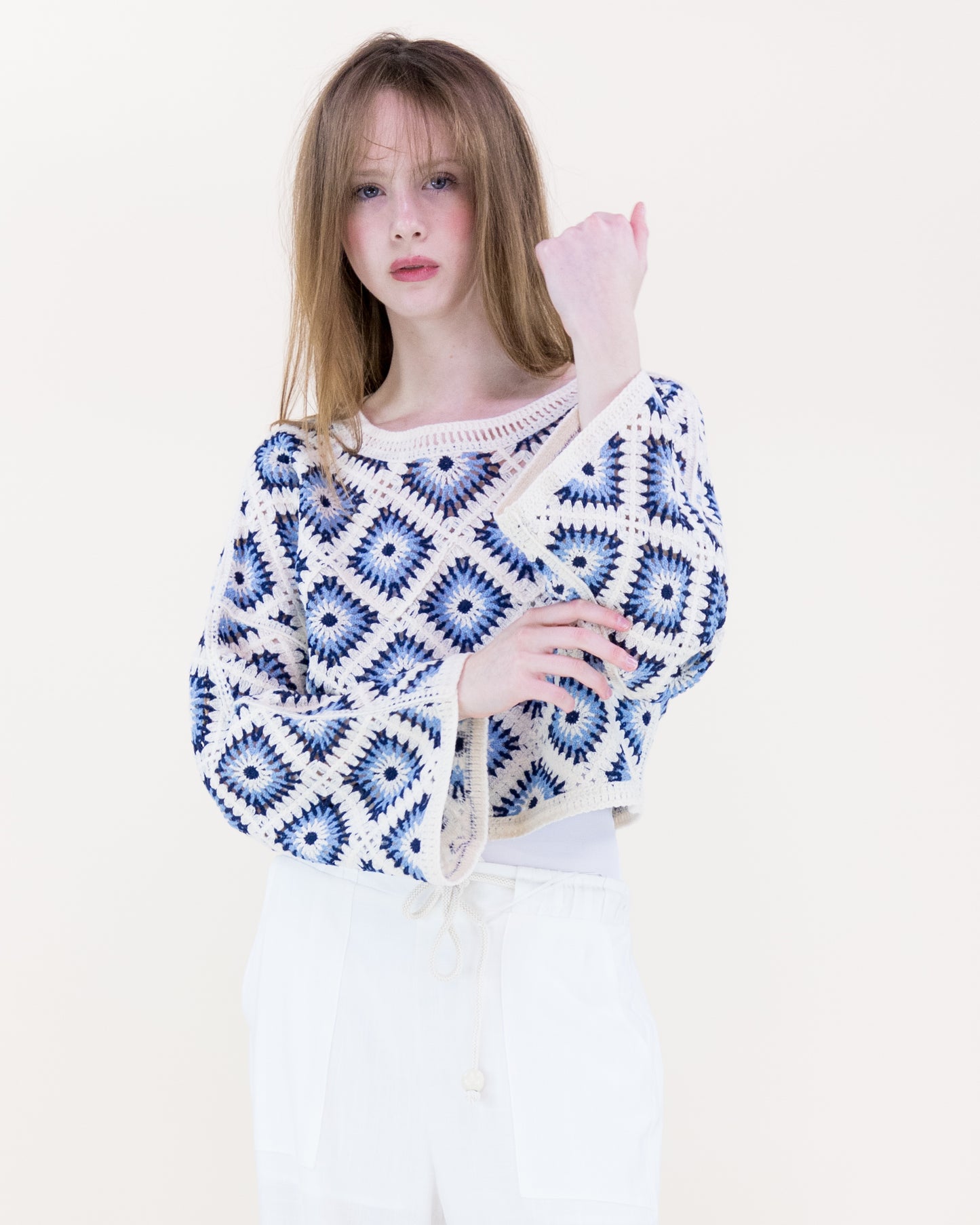 Diamond Crochet Long Sleeve Cropped Summer Sweater
