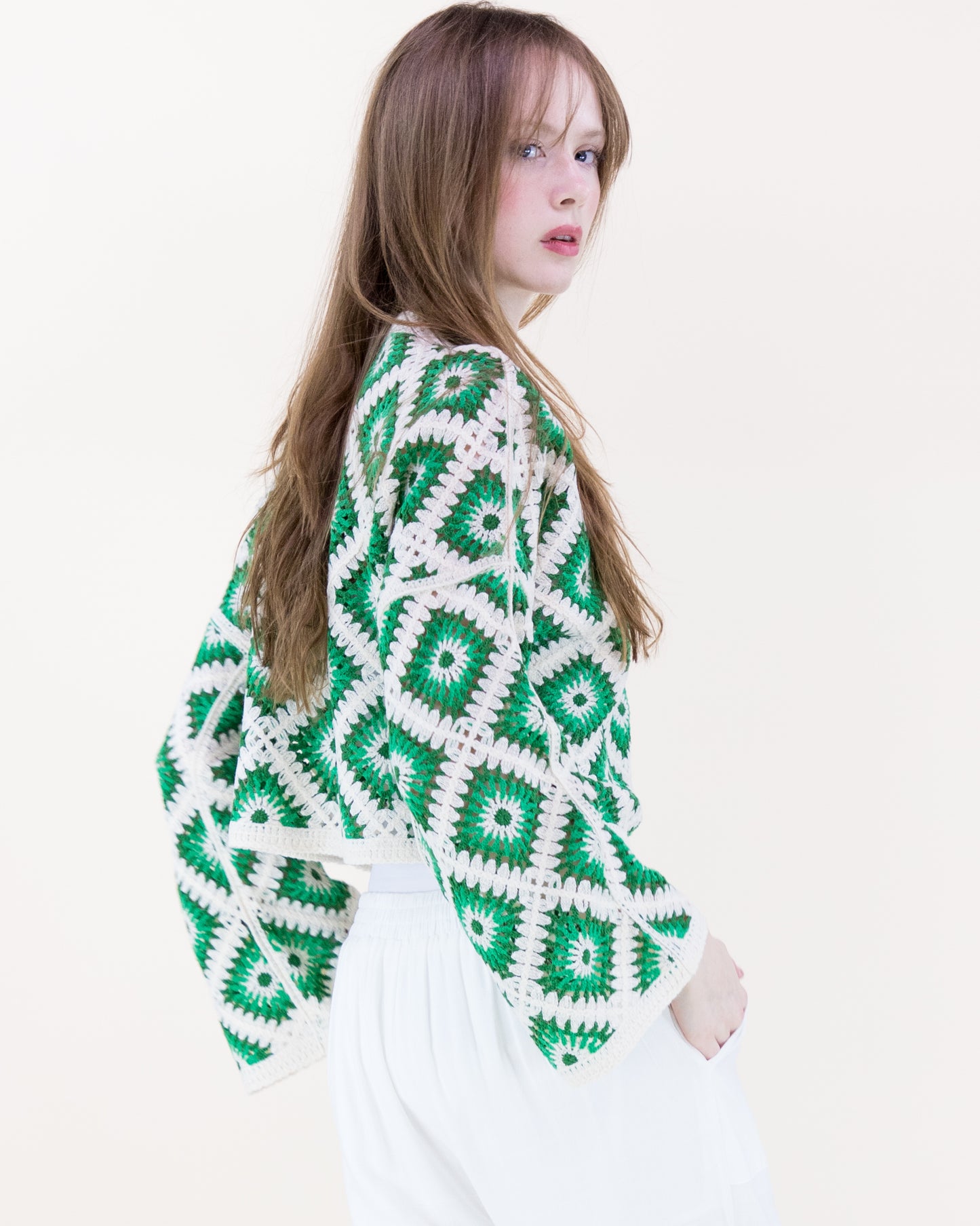 Diamond Crochet Long Sleeve Cropped Summer Sweater