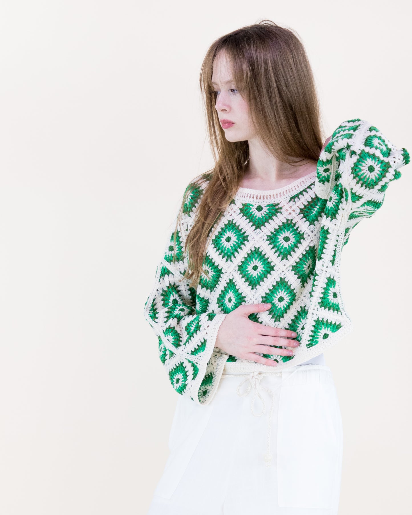 Diamond Crochet Long Sleeve Cropped Summer Sweater