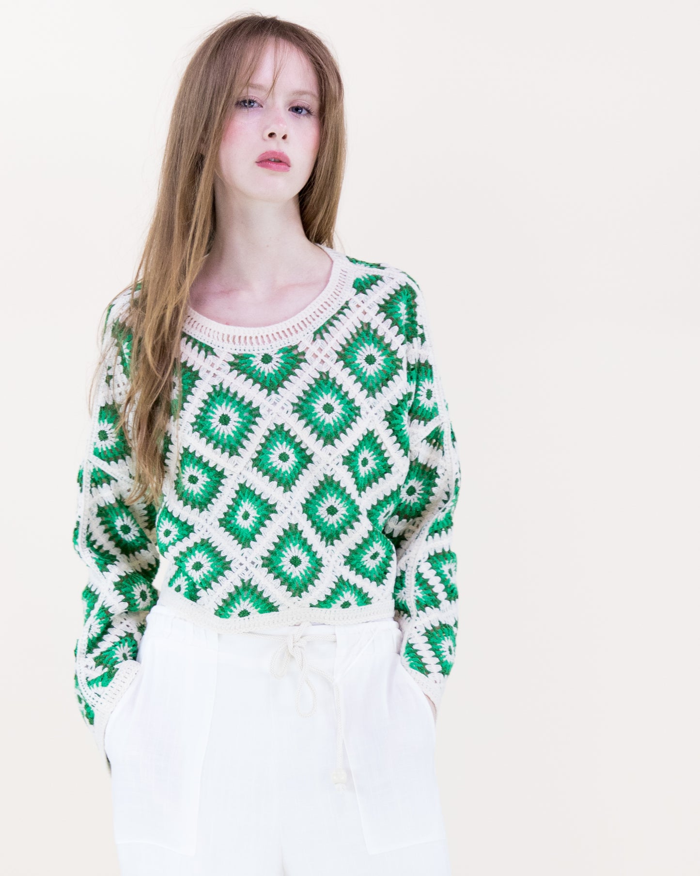 Diamond Crochet Long Sleeve Cropped Summer Sweater