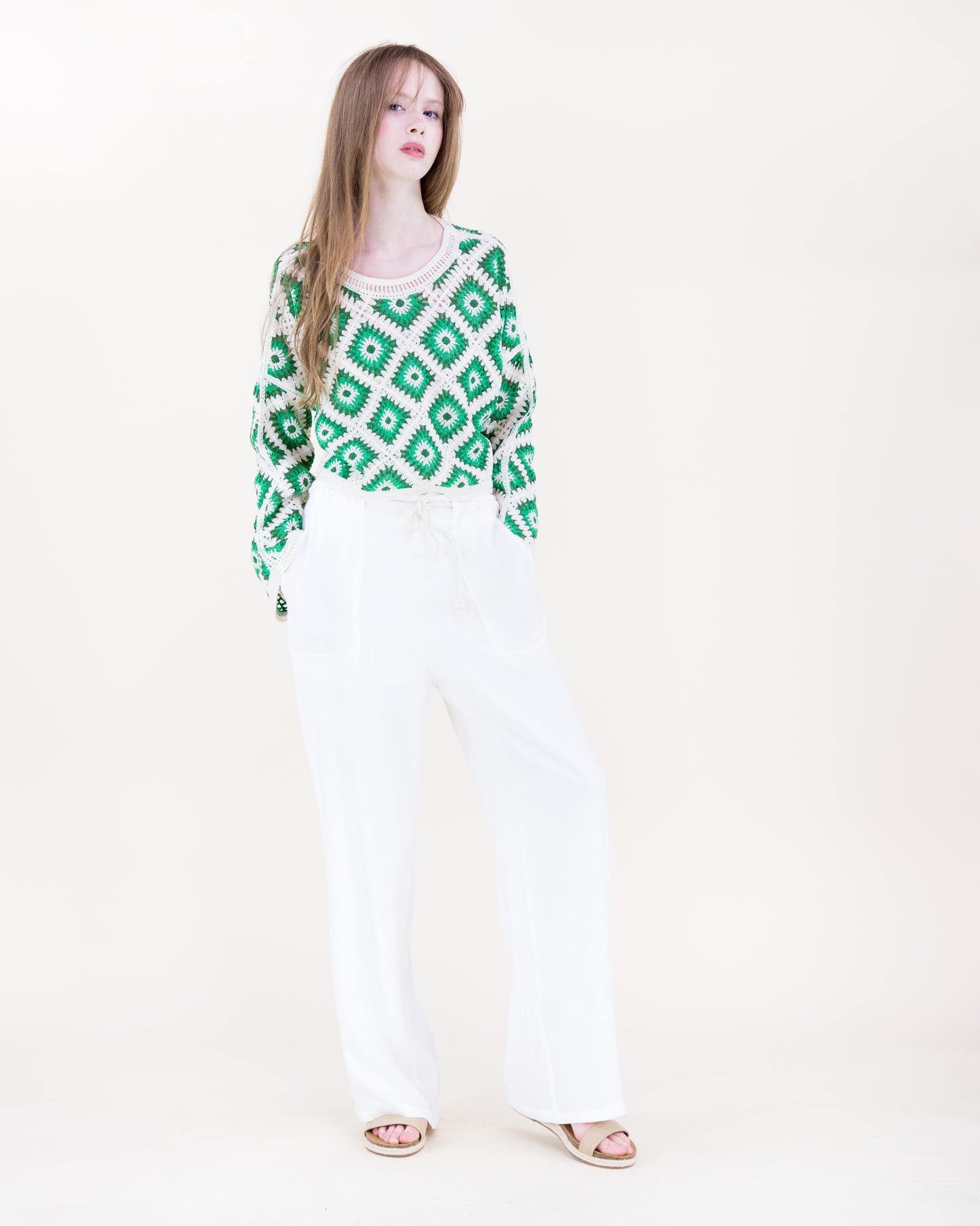 Diamond Crochet Long Sleeve Cropped Summer Sweater