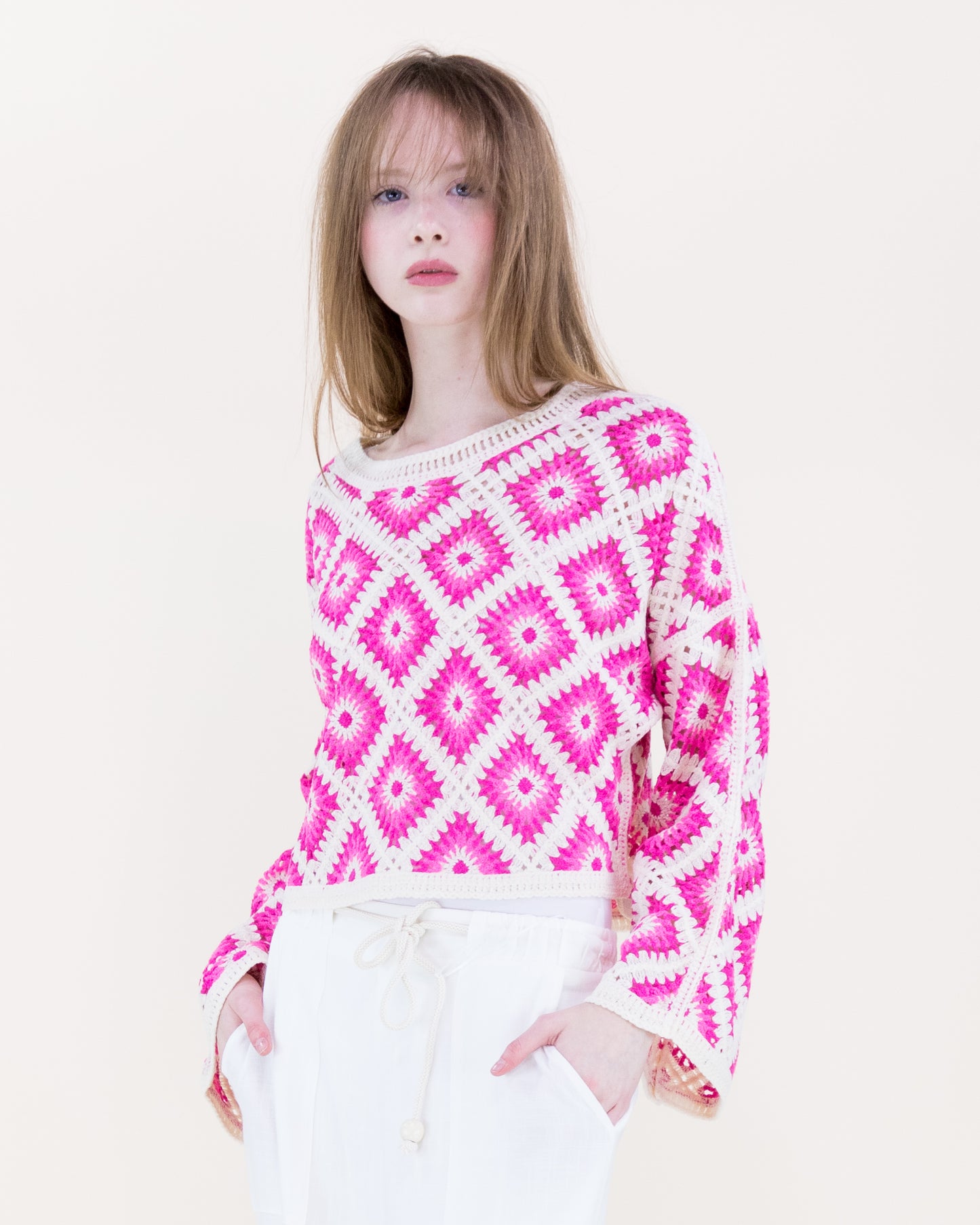 Diamond Crochet Long Sleeve Cropped Summer Sweater