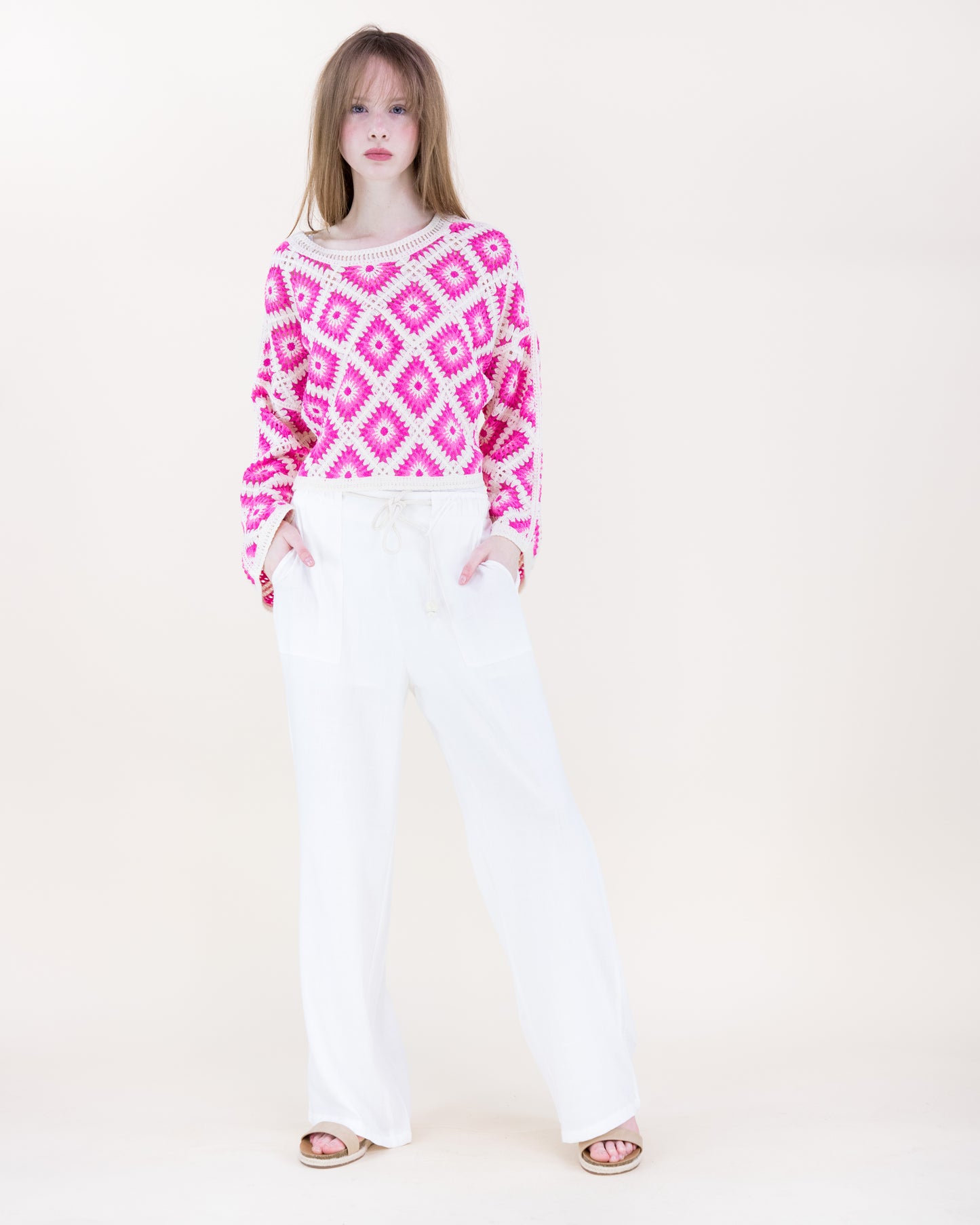 Diamond Crochet Long Sleeve Cropped Summer Sweater