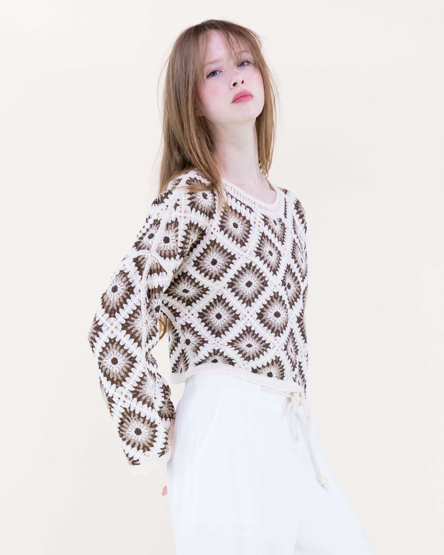 Diamond Crochet Long Sleeve Cropped Summer Sweater