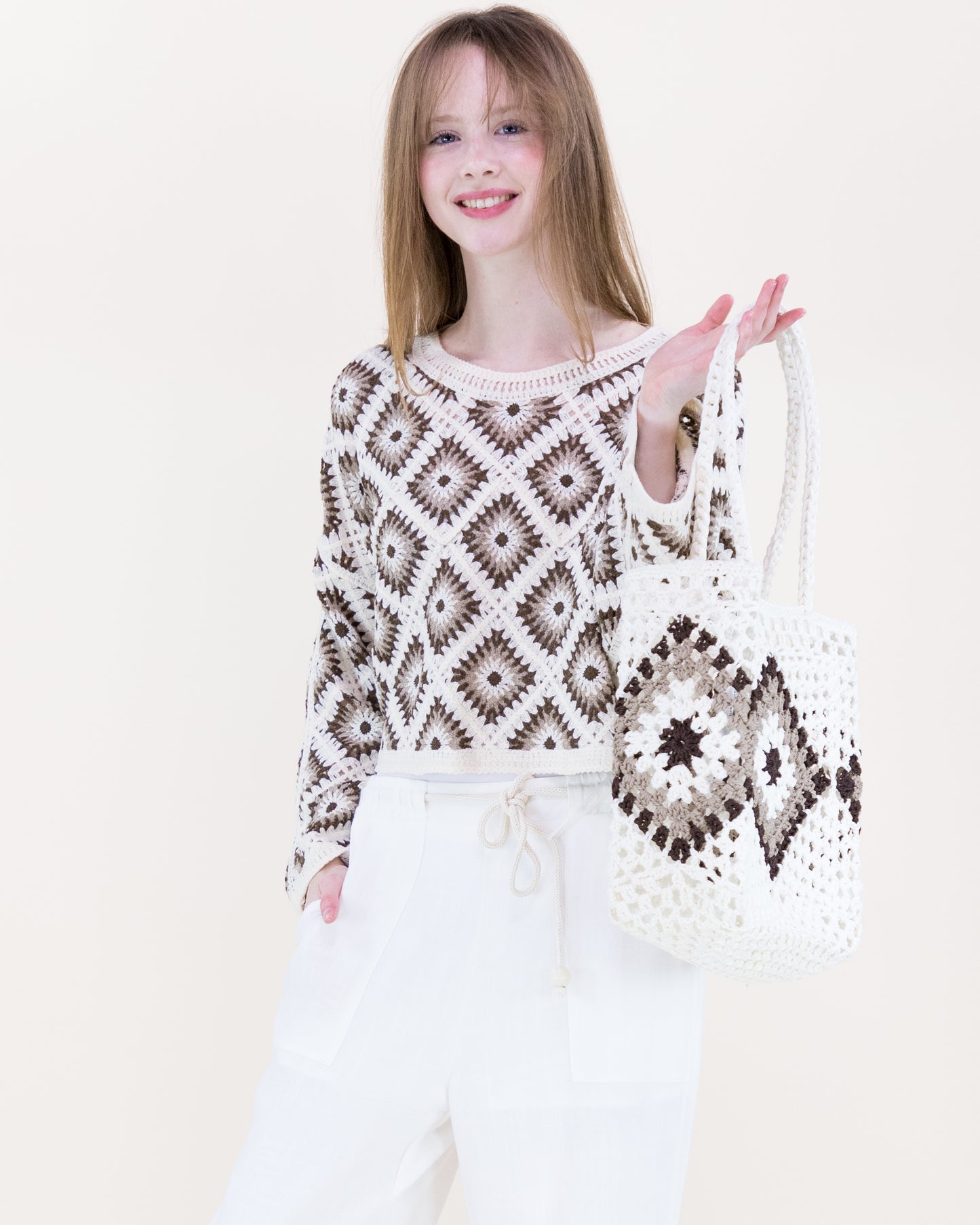 Diamond Crochet Long Sleeve Cropped Summer Sweater