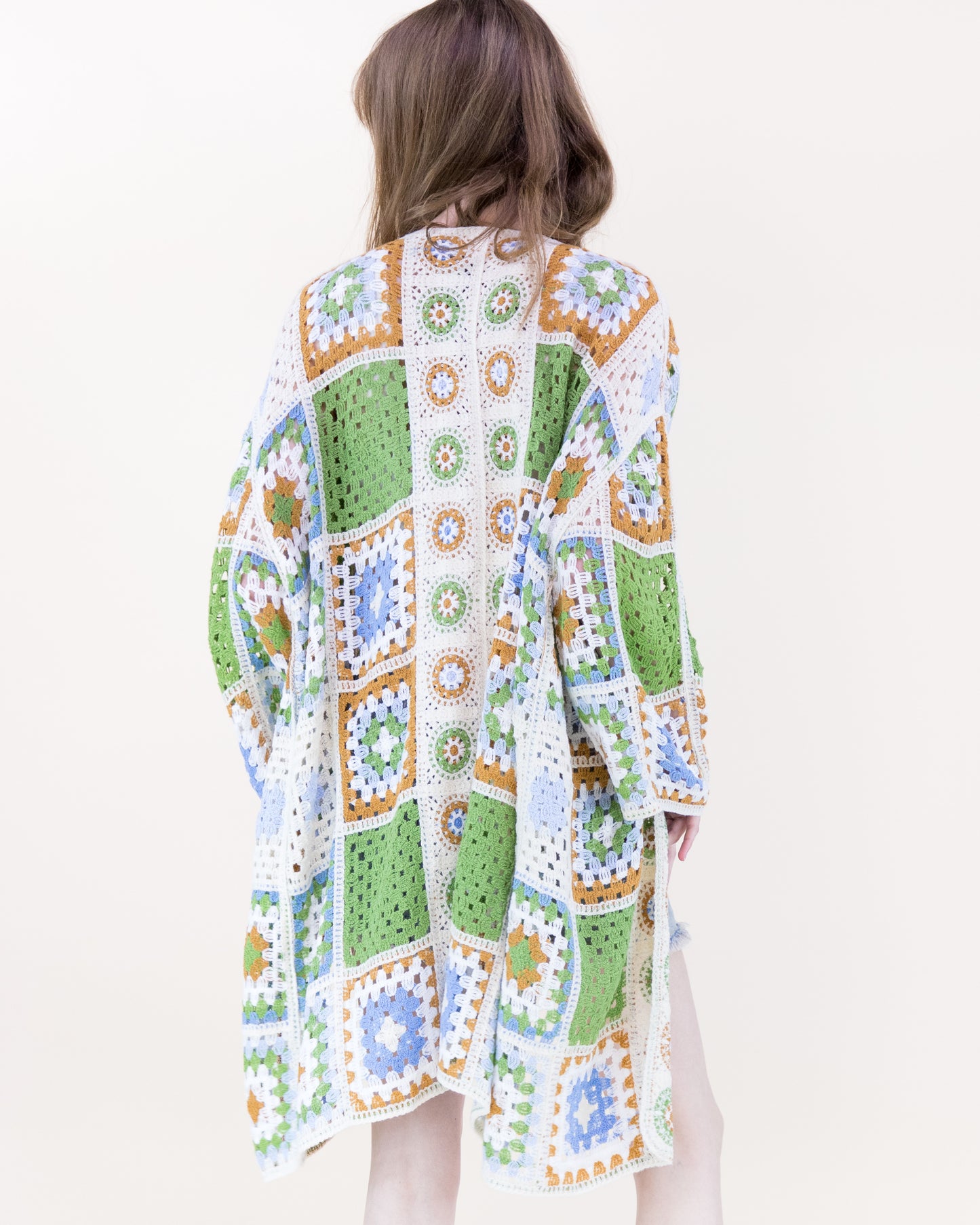 Knee-Length Medallion and Squares Crochet Summer Cardigan