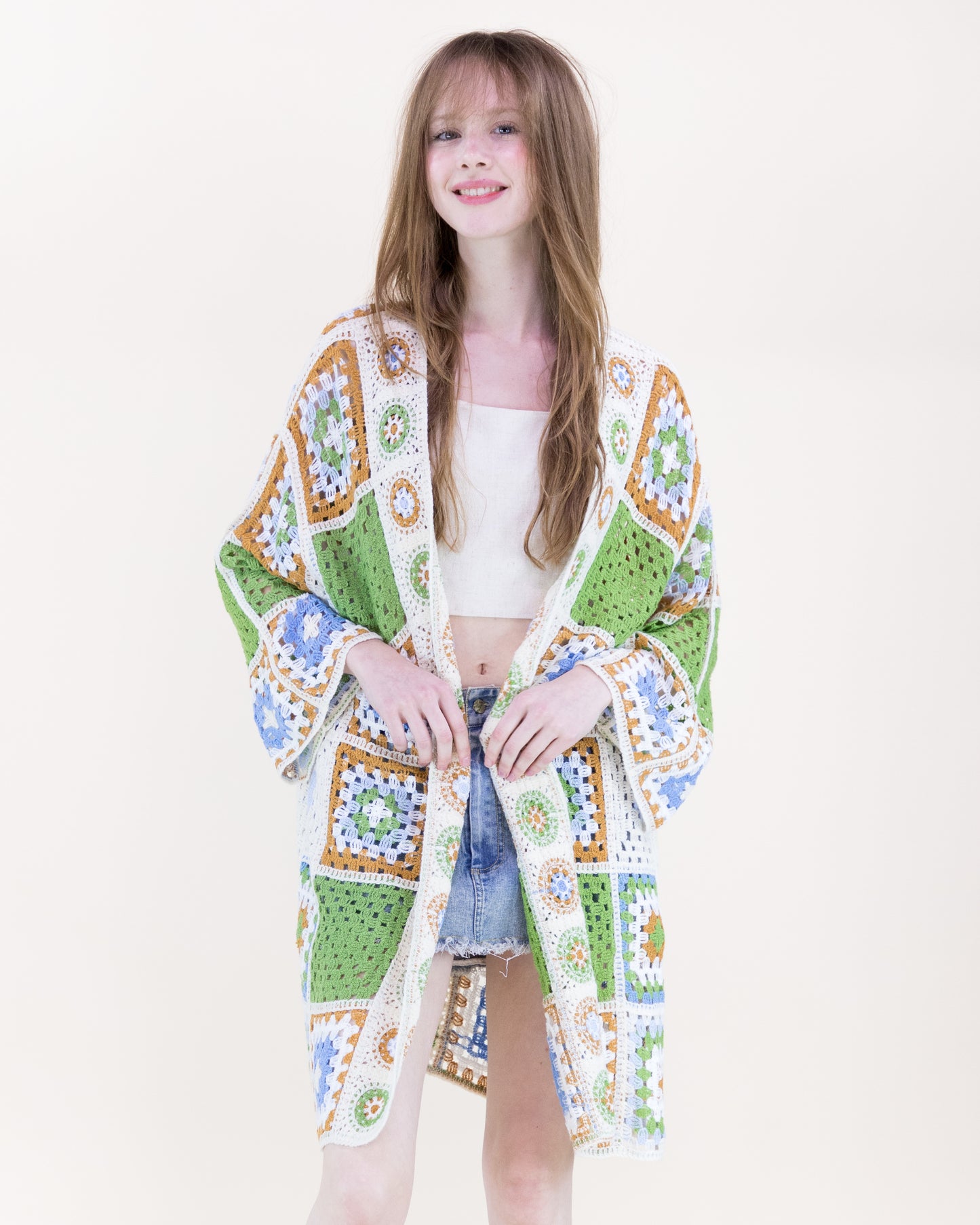 Knee-Length Medallion and Squares Crochet Summer Cardigan
