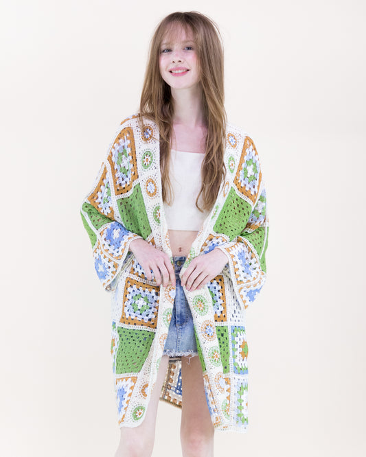 Knee-Length Medallion and Squares Crochet Summer Cardigan