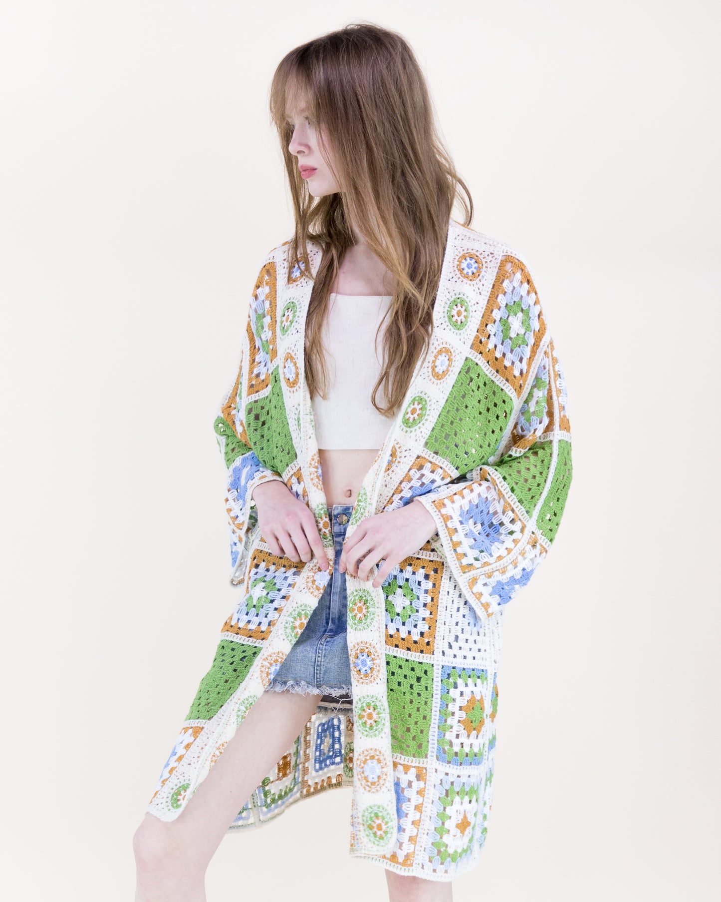 Knee-Length Medallion and Squares Crochet Summer Cardigan