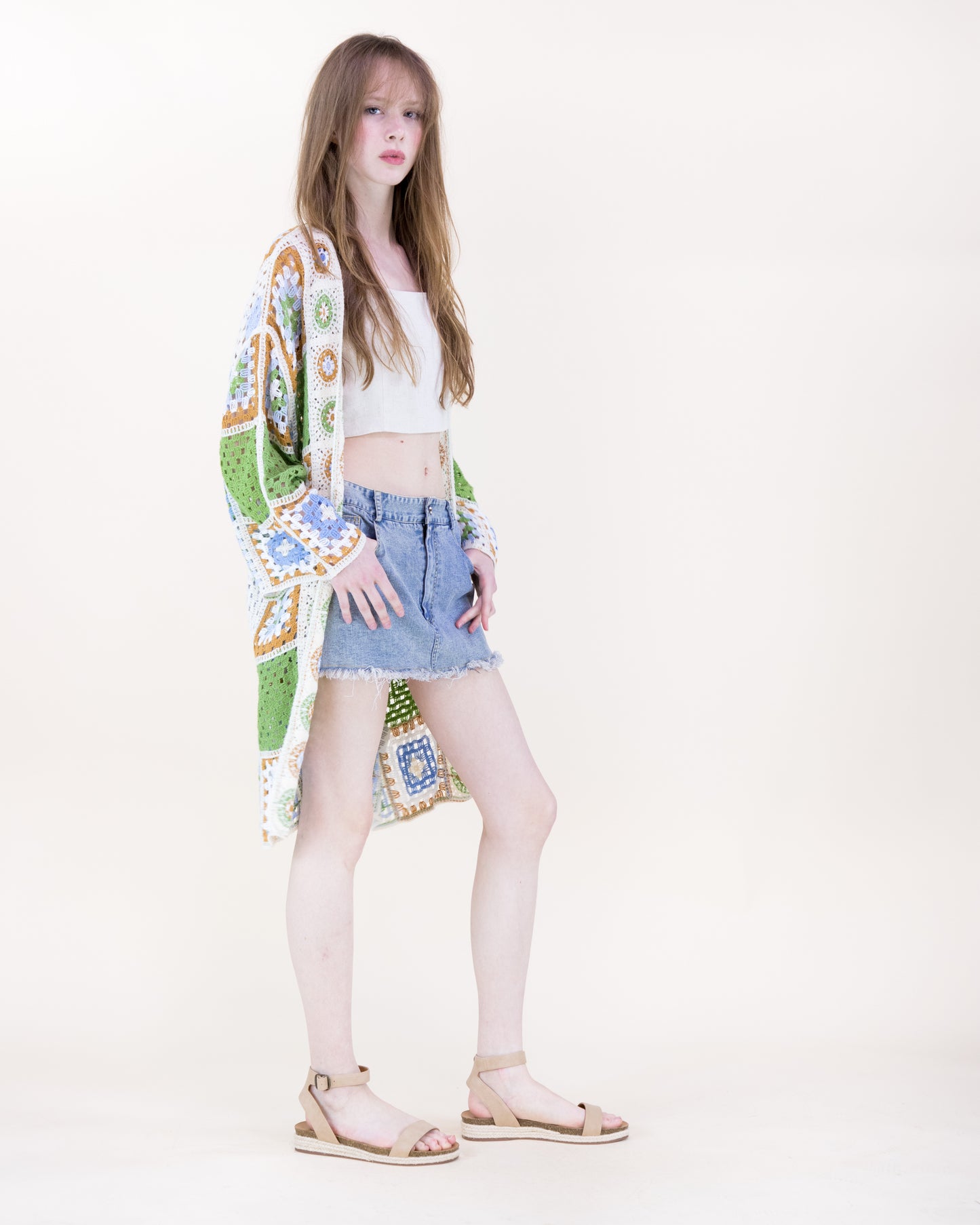 Knee-Length Medallion and Squares Crochet Summer Cardigan