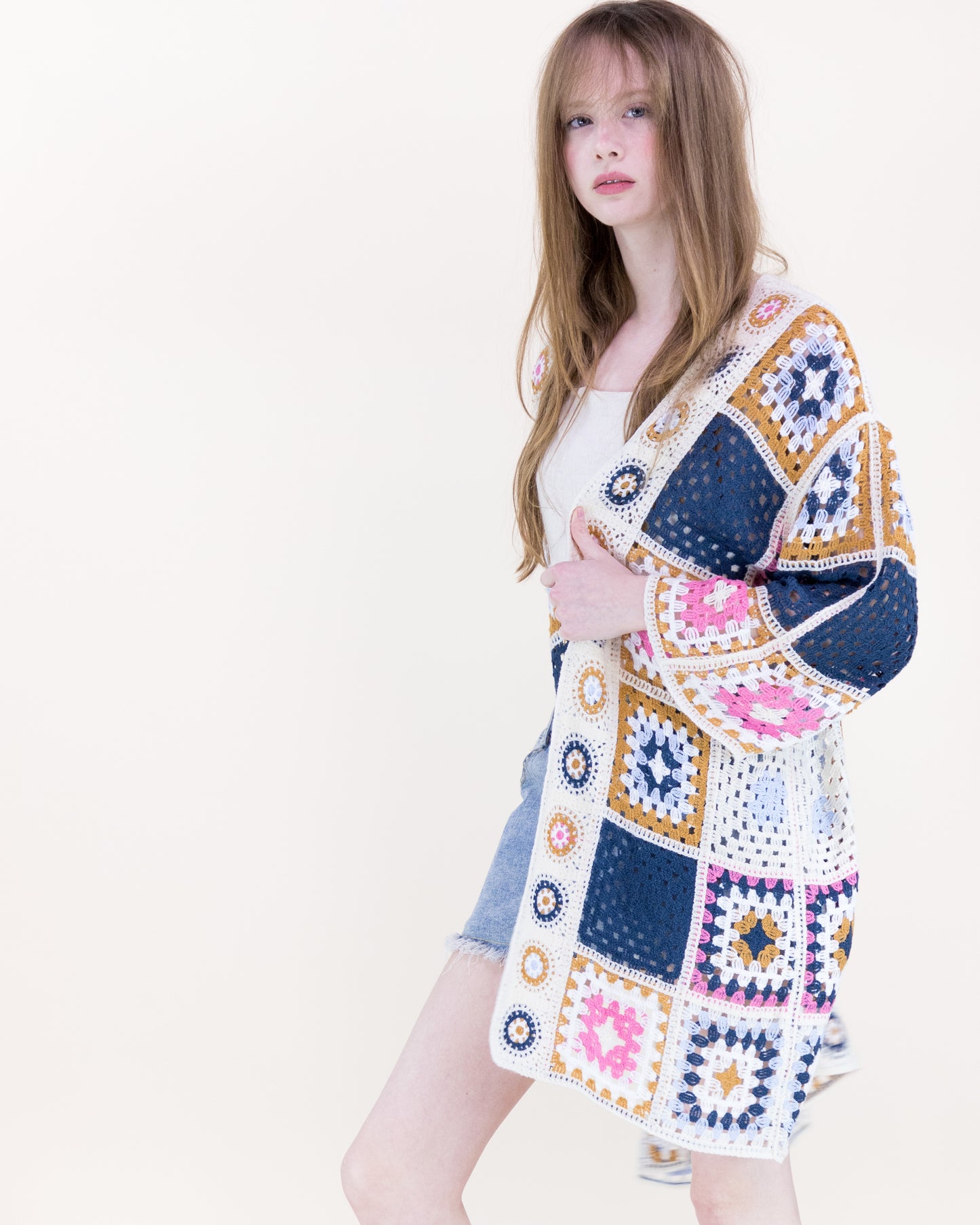Knee-Length Medallion and Squares Crochet Summer Cardigan