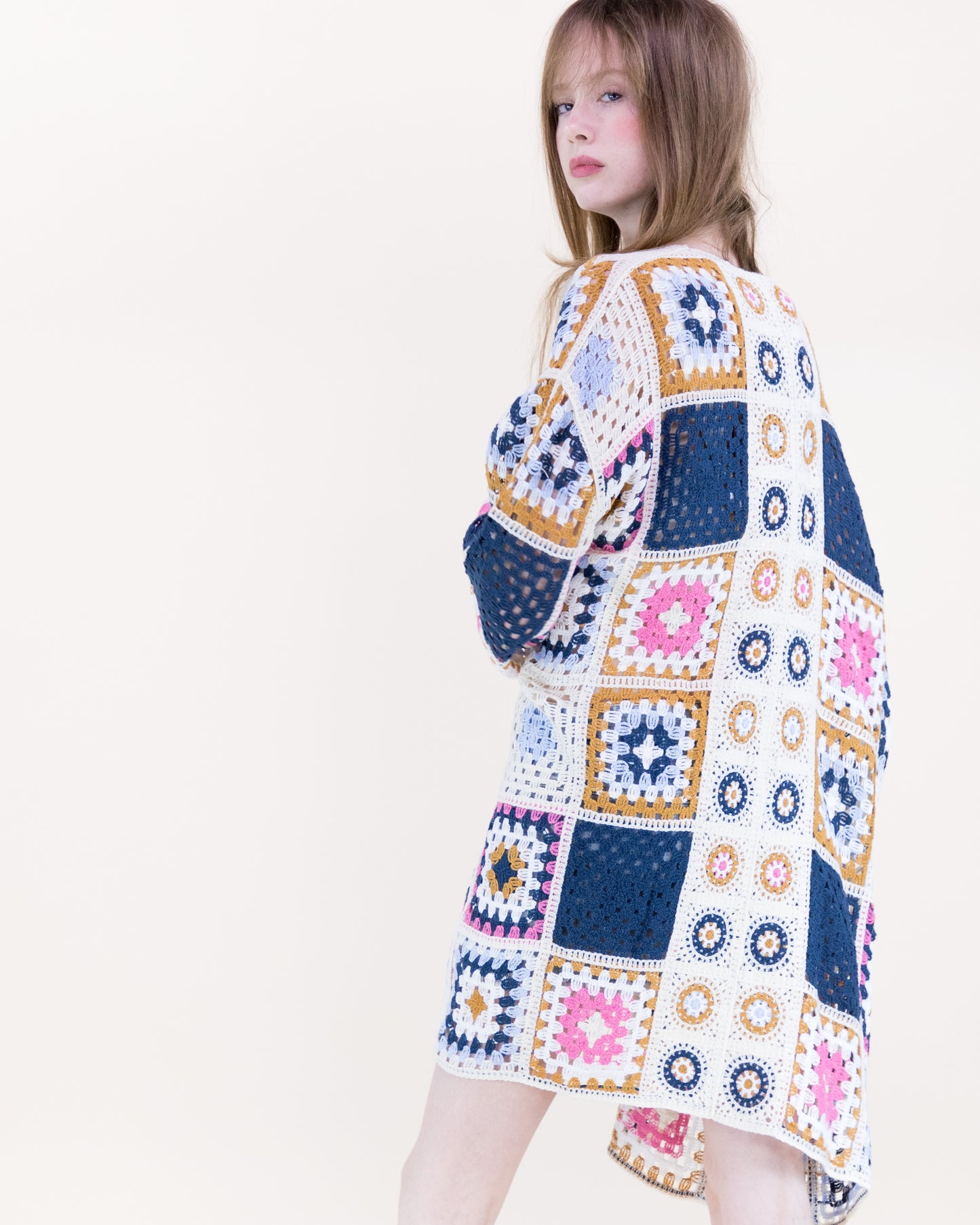Knee-Length Medallion and Squares Crochet Summer Cardigan