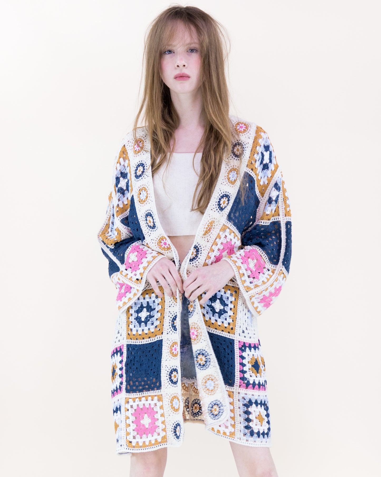Knee-Length Medallion and Squares Crochet Summer Cardigan