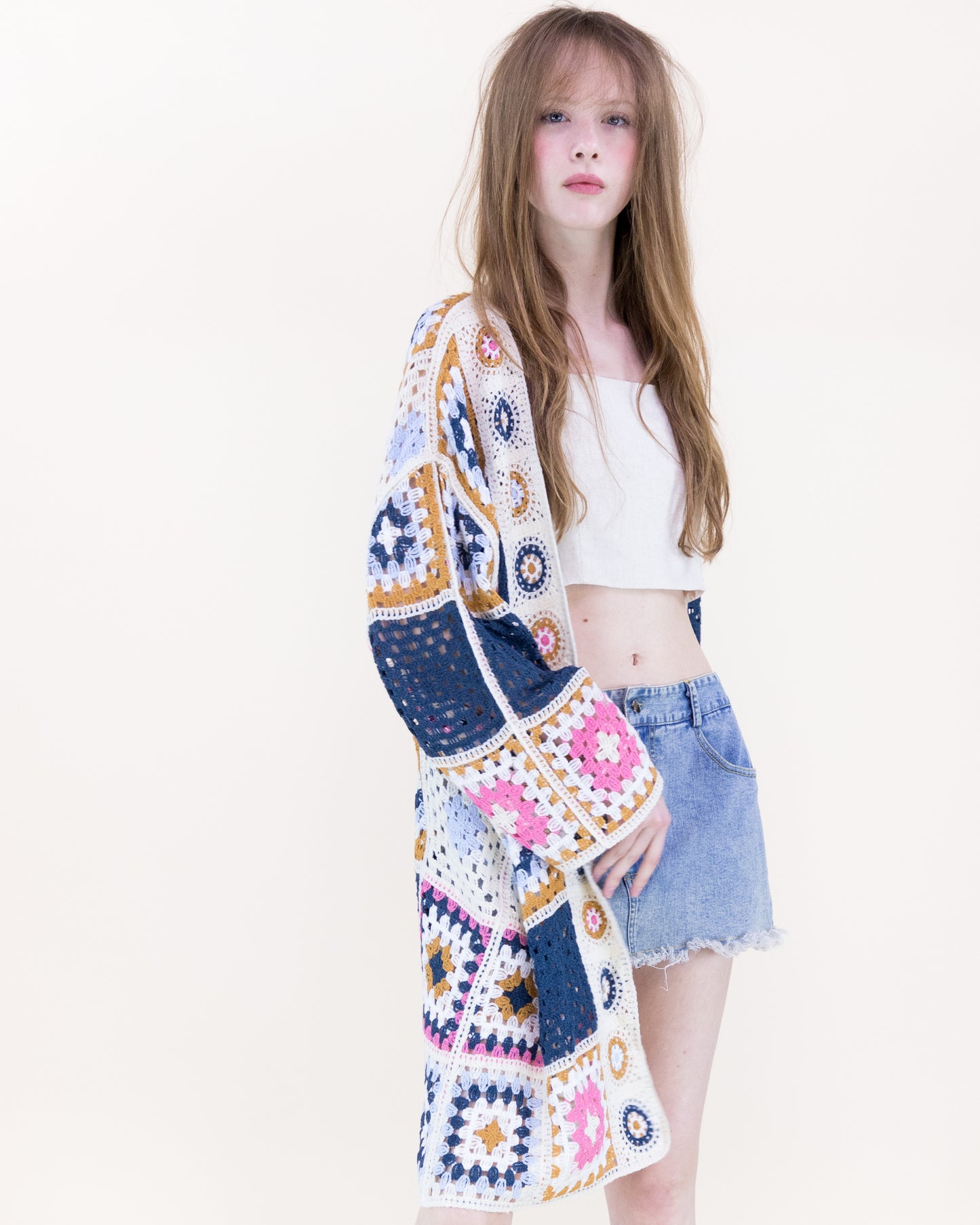 Knee-Length Medallion and Squares Crochet Summer Cardigan