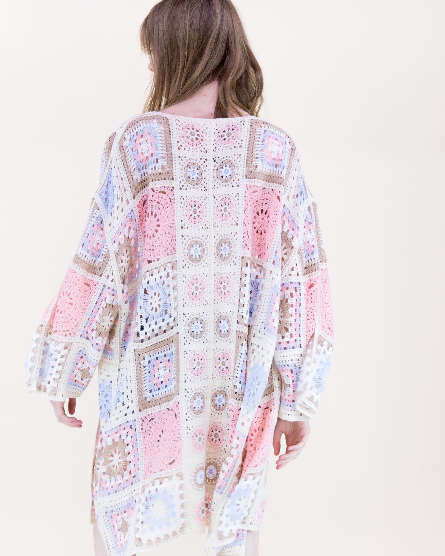 Knee-Length Medallion and Squares Crochet Summer Cardigan
