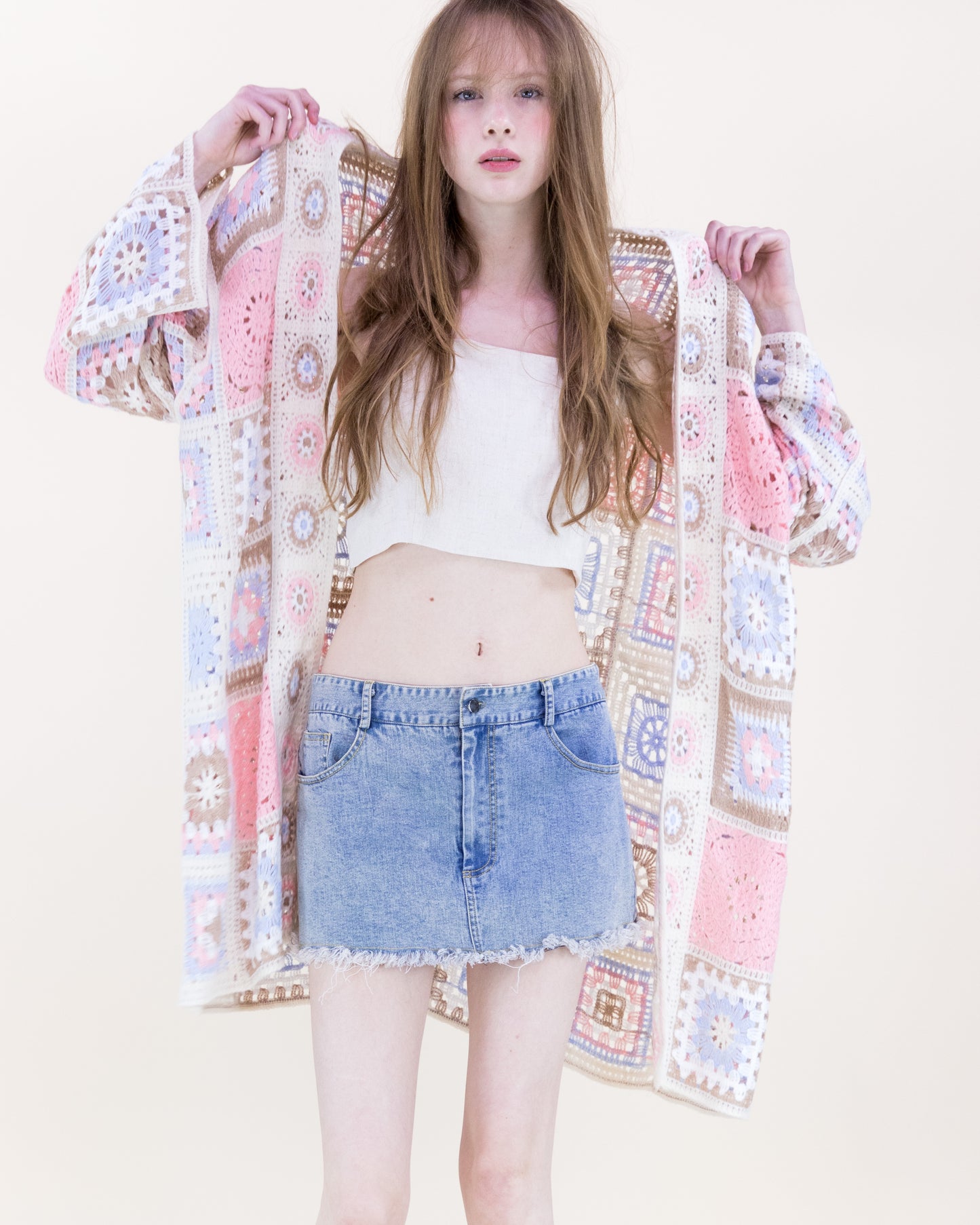 Knee-Length Medallion and Squares Crochet Summer Cardigan