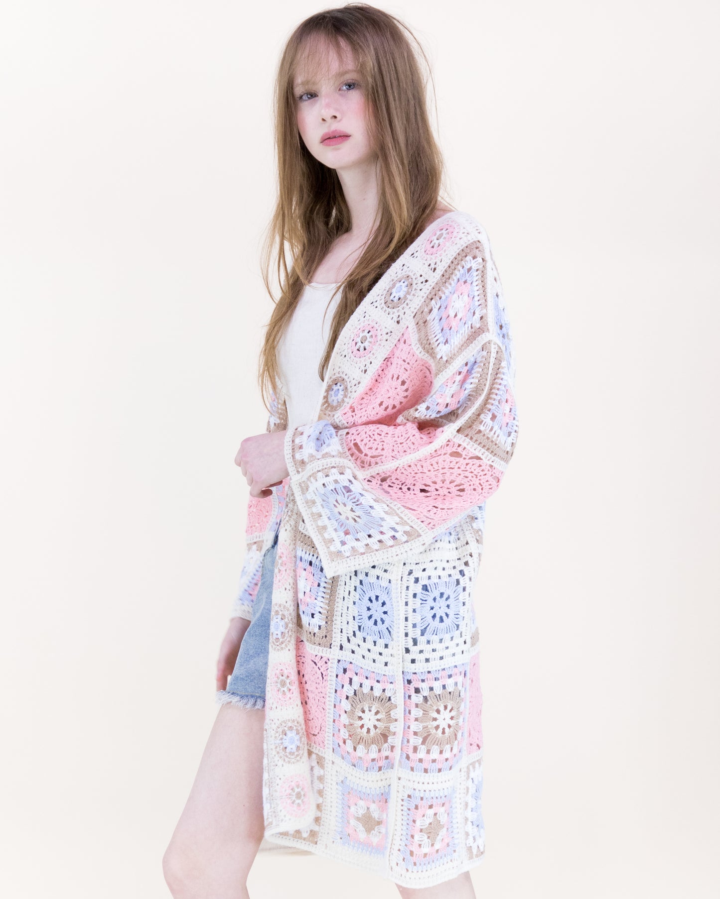 Knee-Length Medallion and Squares Crochet Summer Cardigan