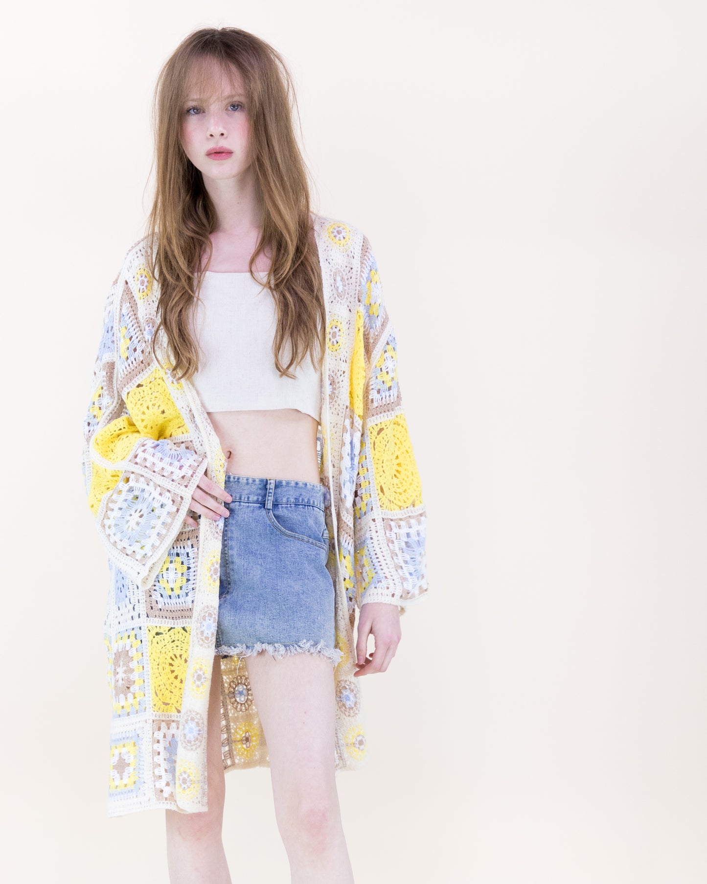 Knee-Length Medallion and Squares Crochet Summer Cardigan