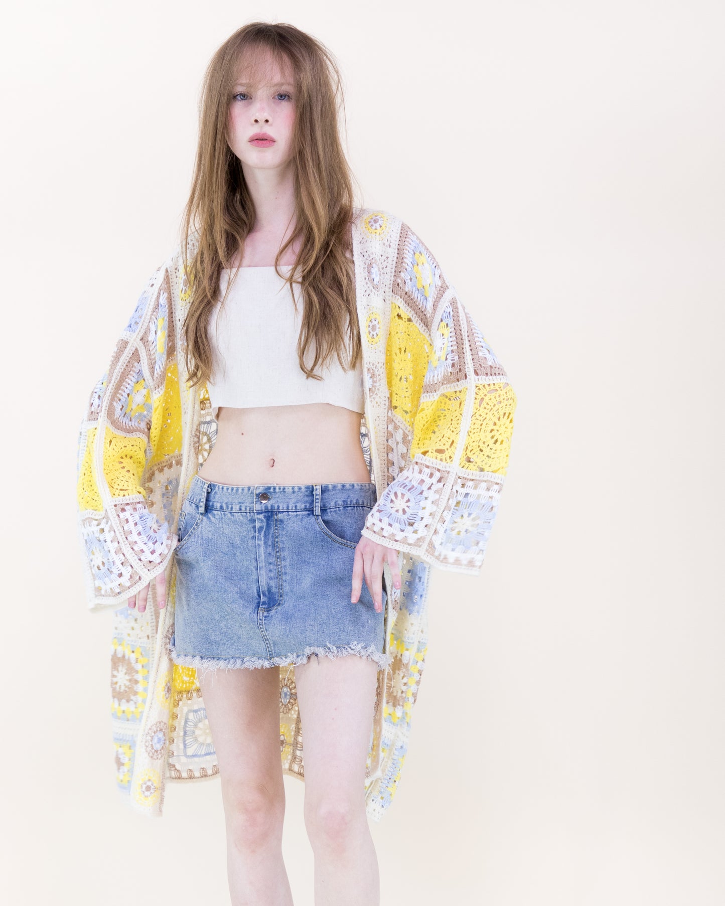 Knee-Length Medallion and Squares Crochet Summer Cardigan