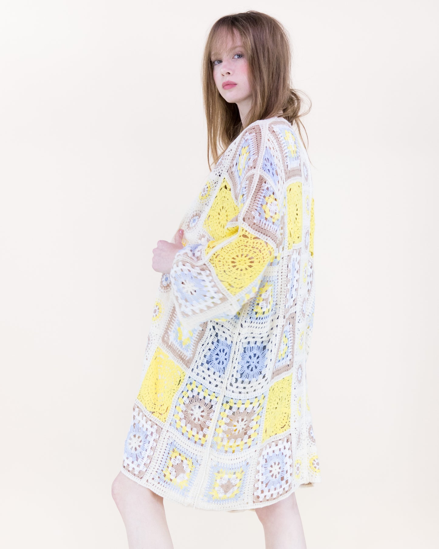 Knee-Length Medallion and Squares Crochet Summer Cardigan