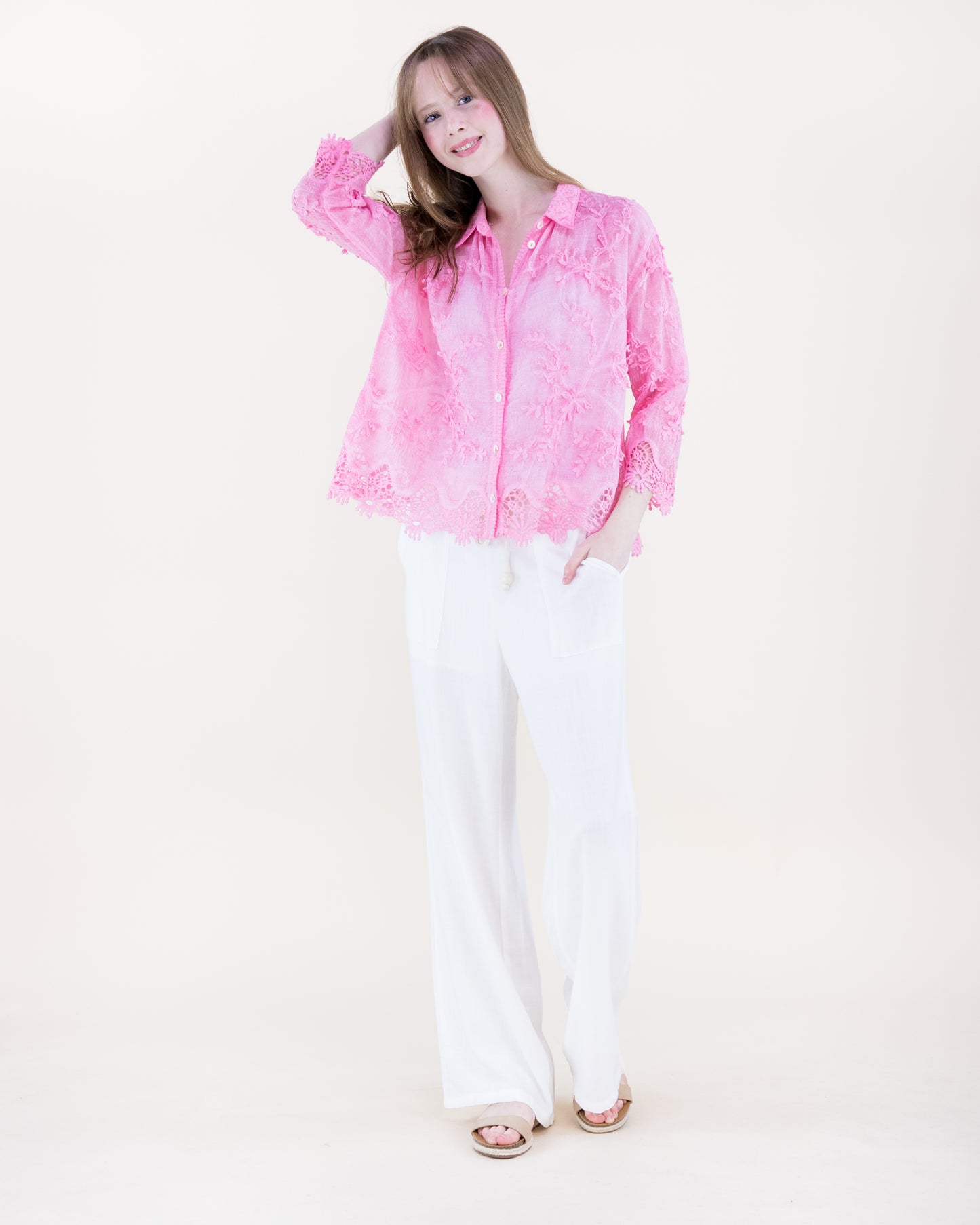 Floral Appliqué Lace-Hem Embroidered Mineral Wash Shirt