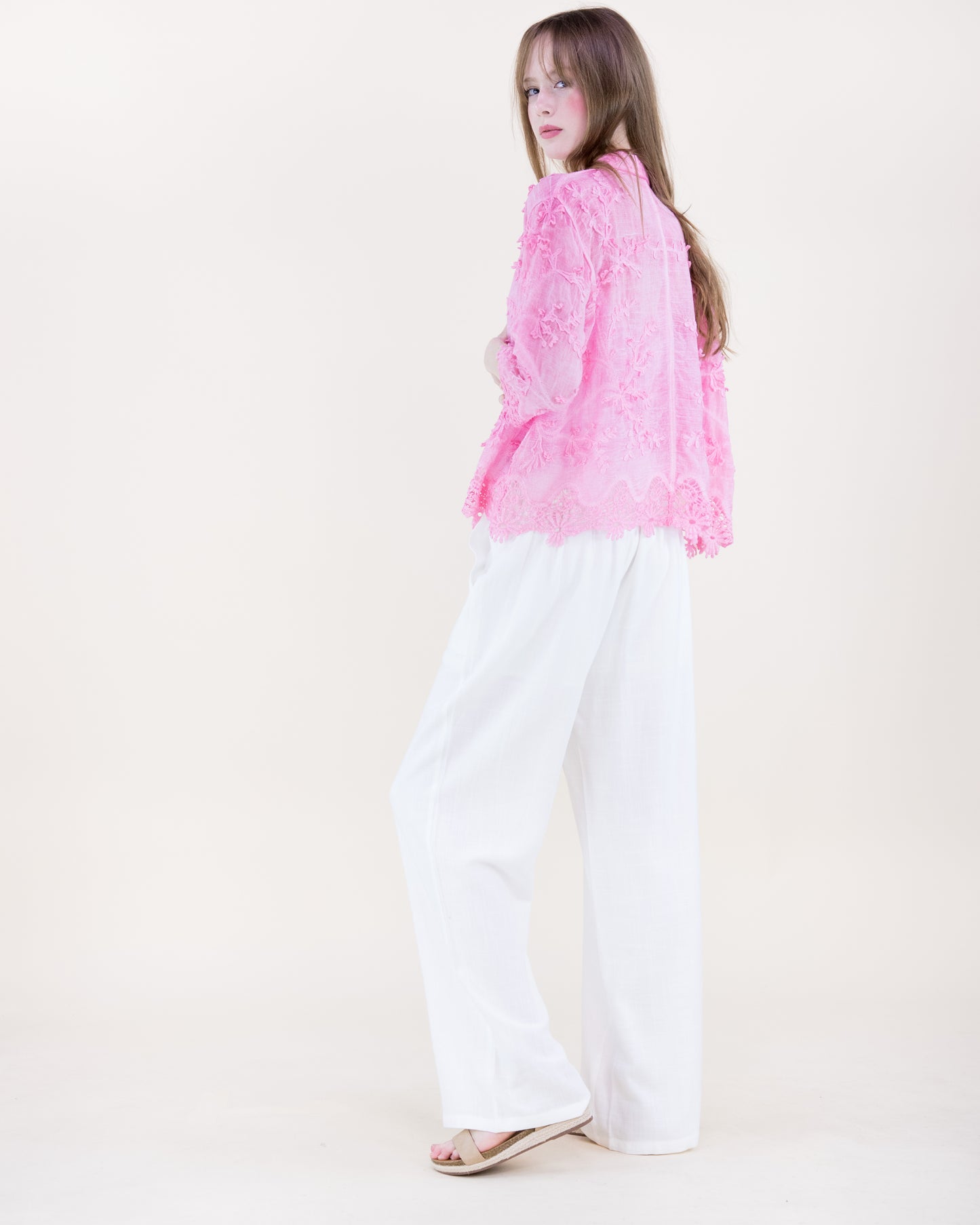 Floral Appliqué Lace-Hem Embroidered Mineral Wash Shirt