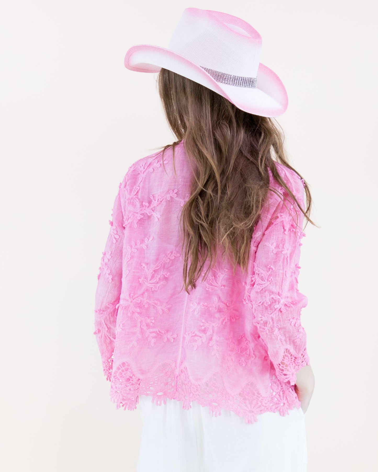 Floral Appliqué Lace-Hem Embroidered Mineral Wash Shirt