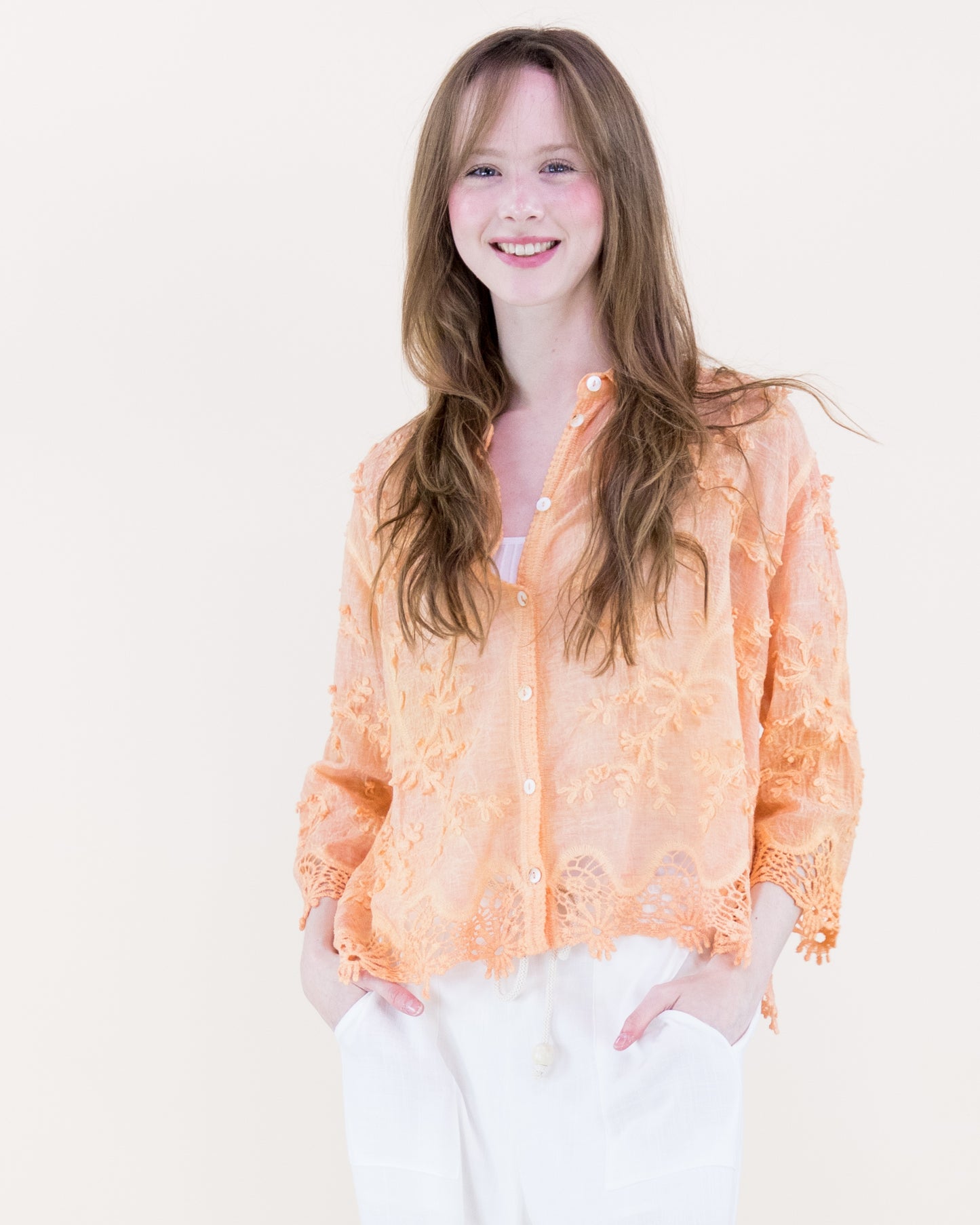 Floral Appliqué Lace-Hem Embroidered Mineral Wash Shirt