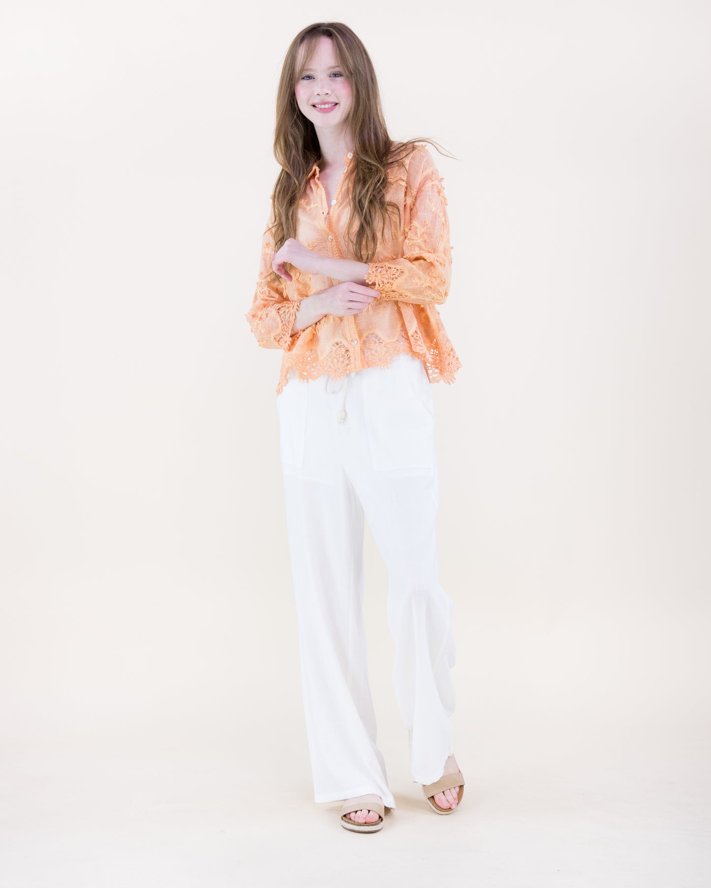 Floral Appliqué Lace-Hem Embroidered Mineral Wash Shirt