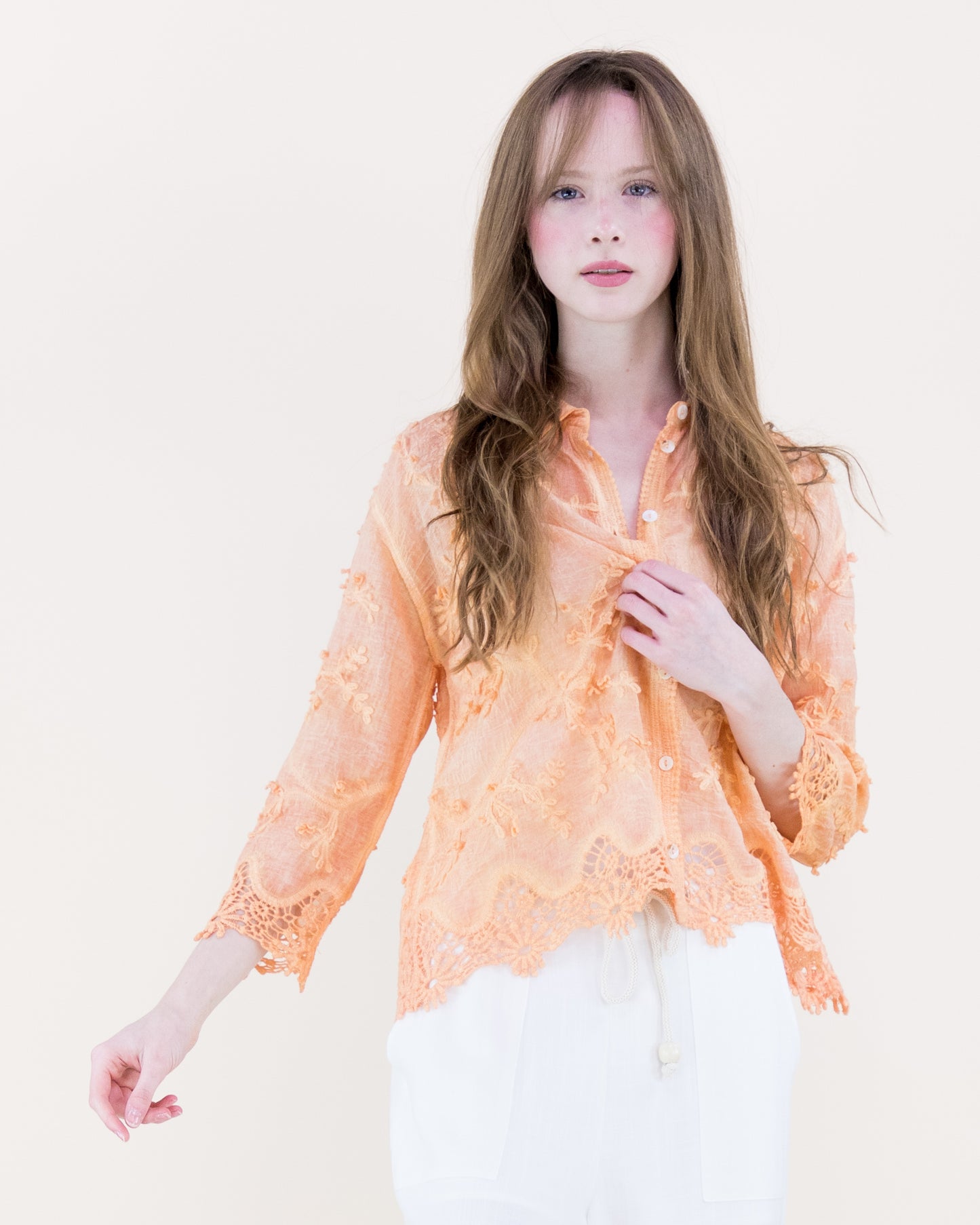 Floral Appliqué Lace-Hem Embroidered Mineral Wash Shirt