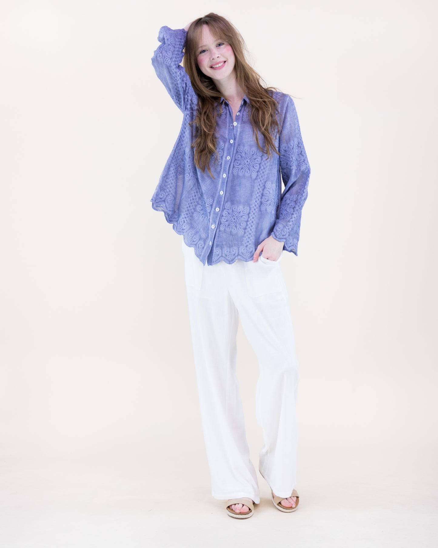 Petal Tile Scalloped Hem Embroidered Mineral Wash Shirt