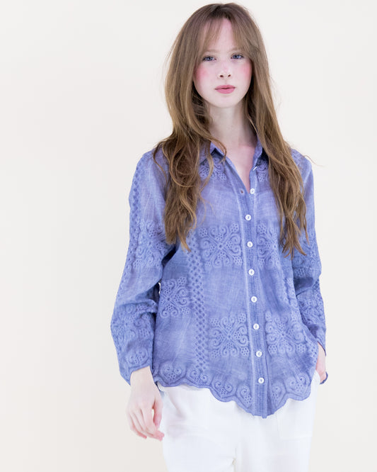 Petal Tile Scalloped Hem Embroidered Mineral Wash Shirt