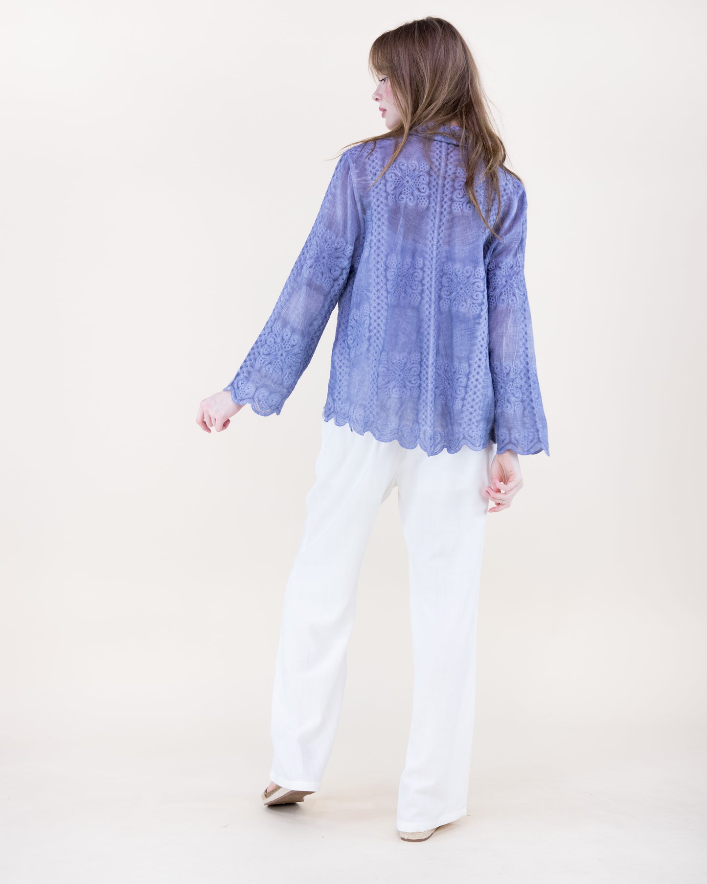 Petal Tile Scalloped Hem Embroidered Mineral Wash Shirt