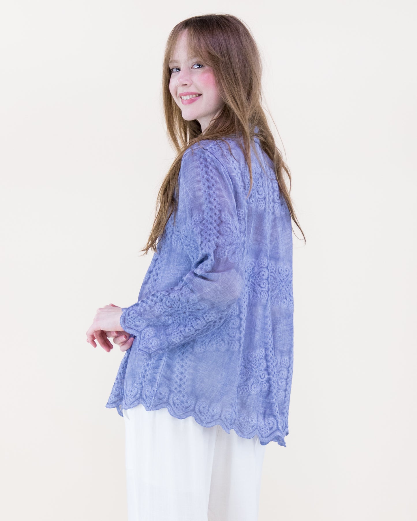 Petal Tile Scalloped Hem Embroidered Mineral Wash Shirt