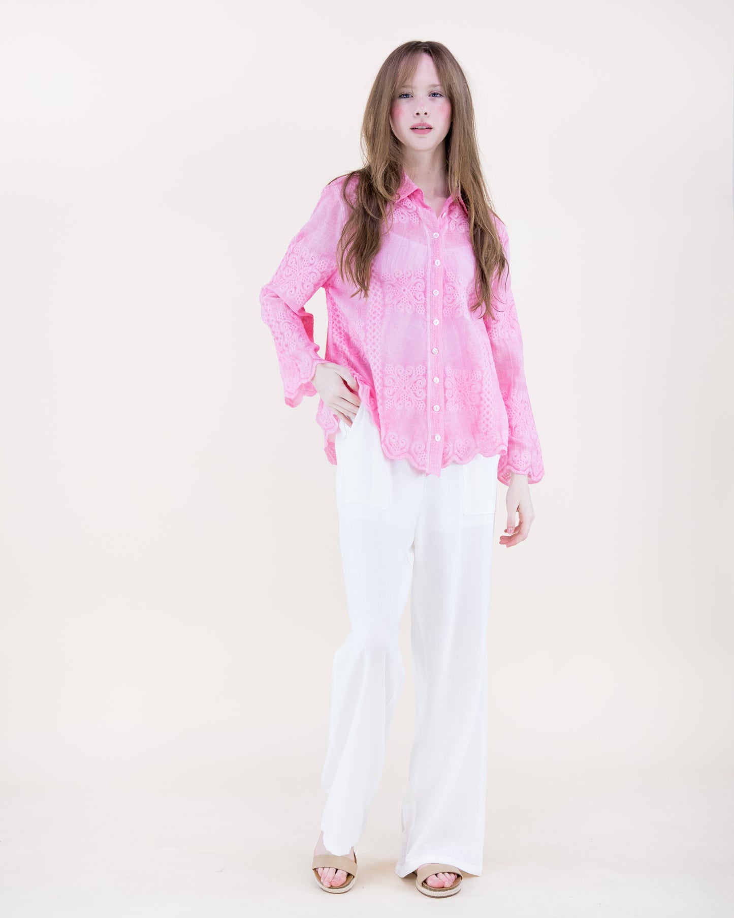 Petal Tile Scalloped Hem Embroidered Mineral Wash Shirt