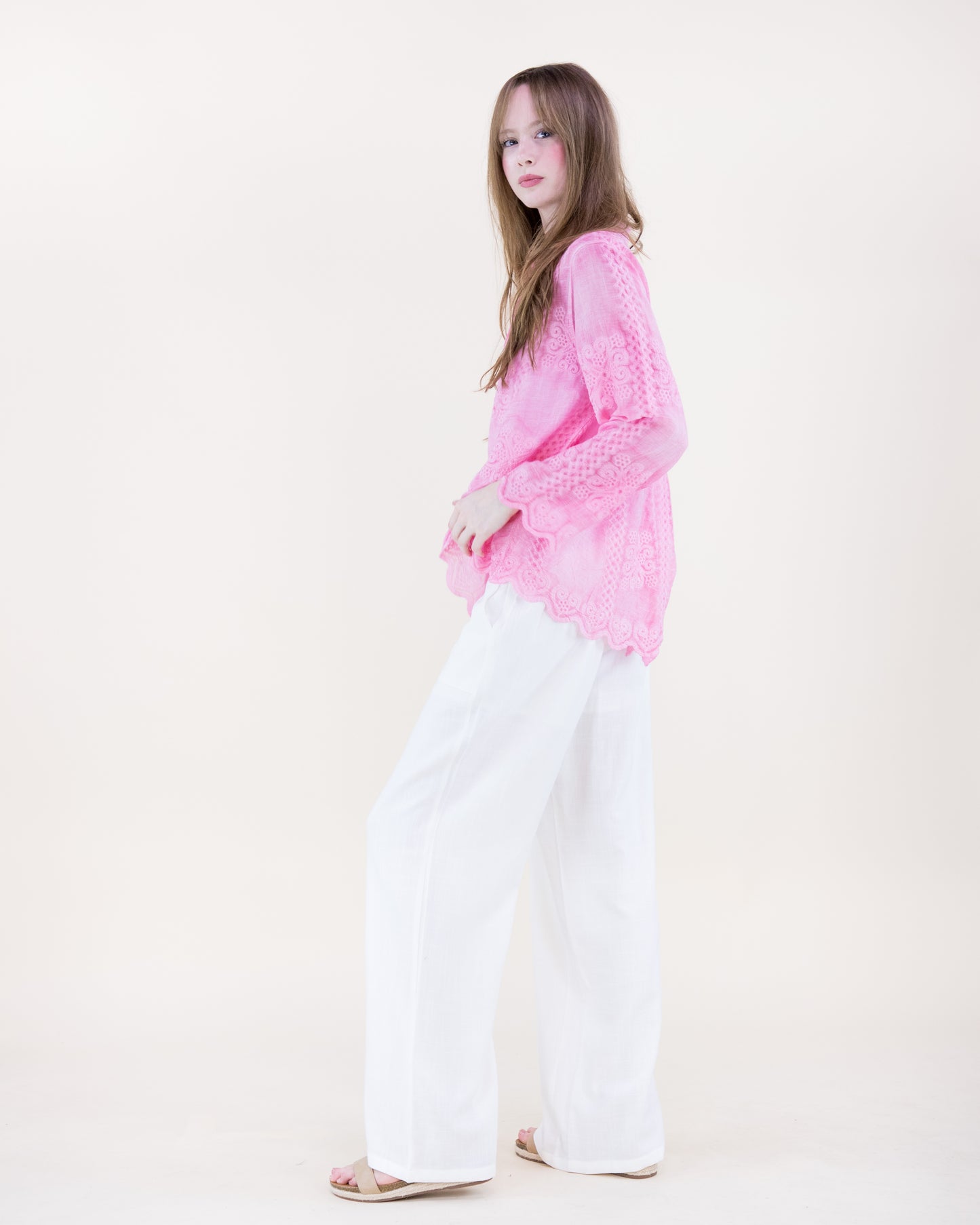 Petal Tile Scalloped Hem Embroidered Mineral Wash Shirt