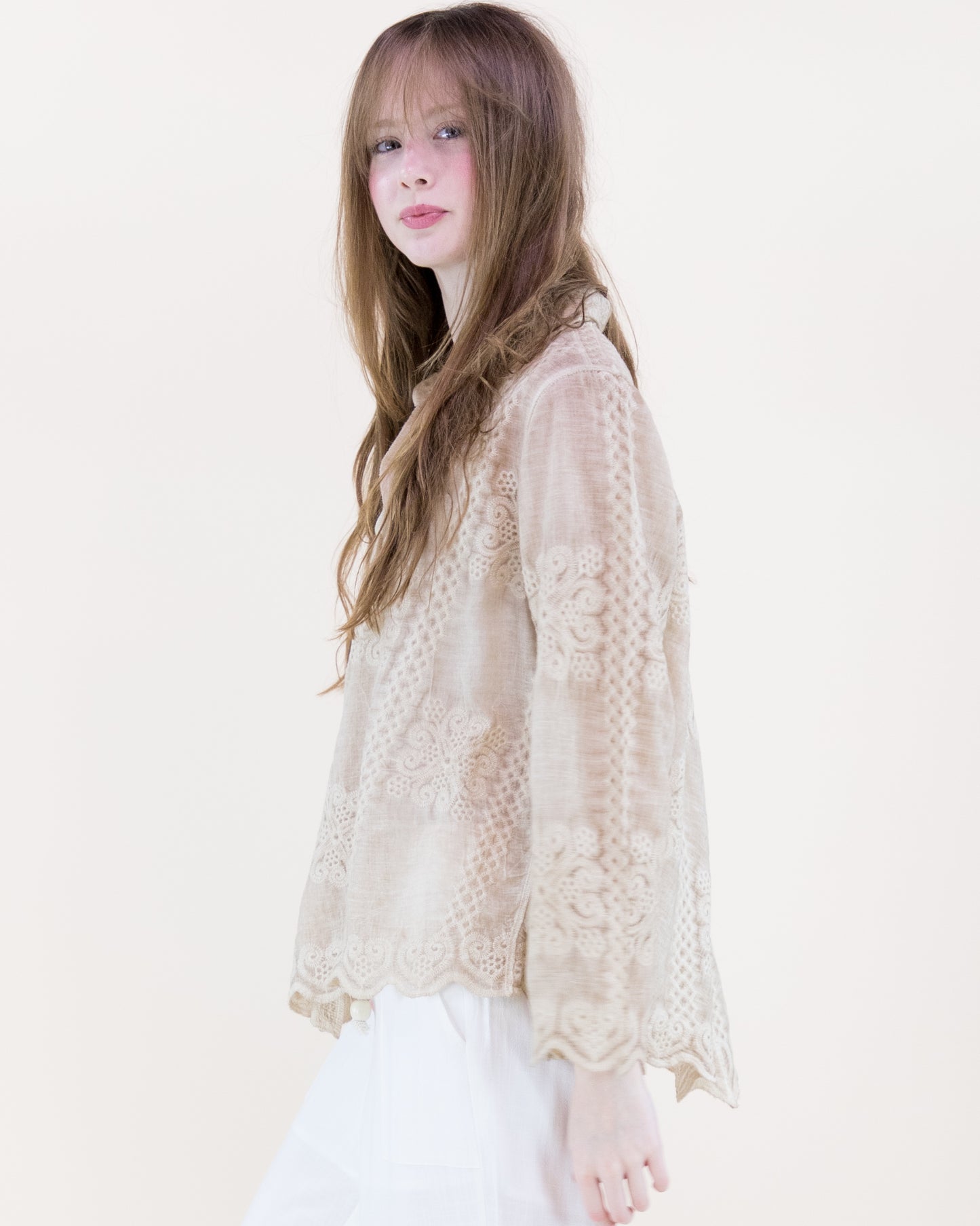 Petal Tile Scalloped Hem Embroidered Mineral Wash Shirt