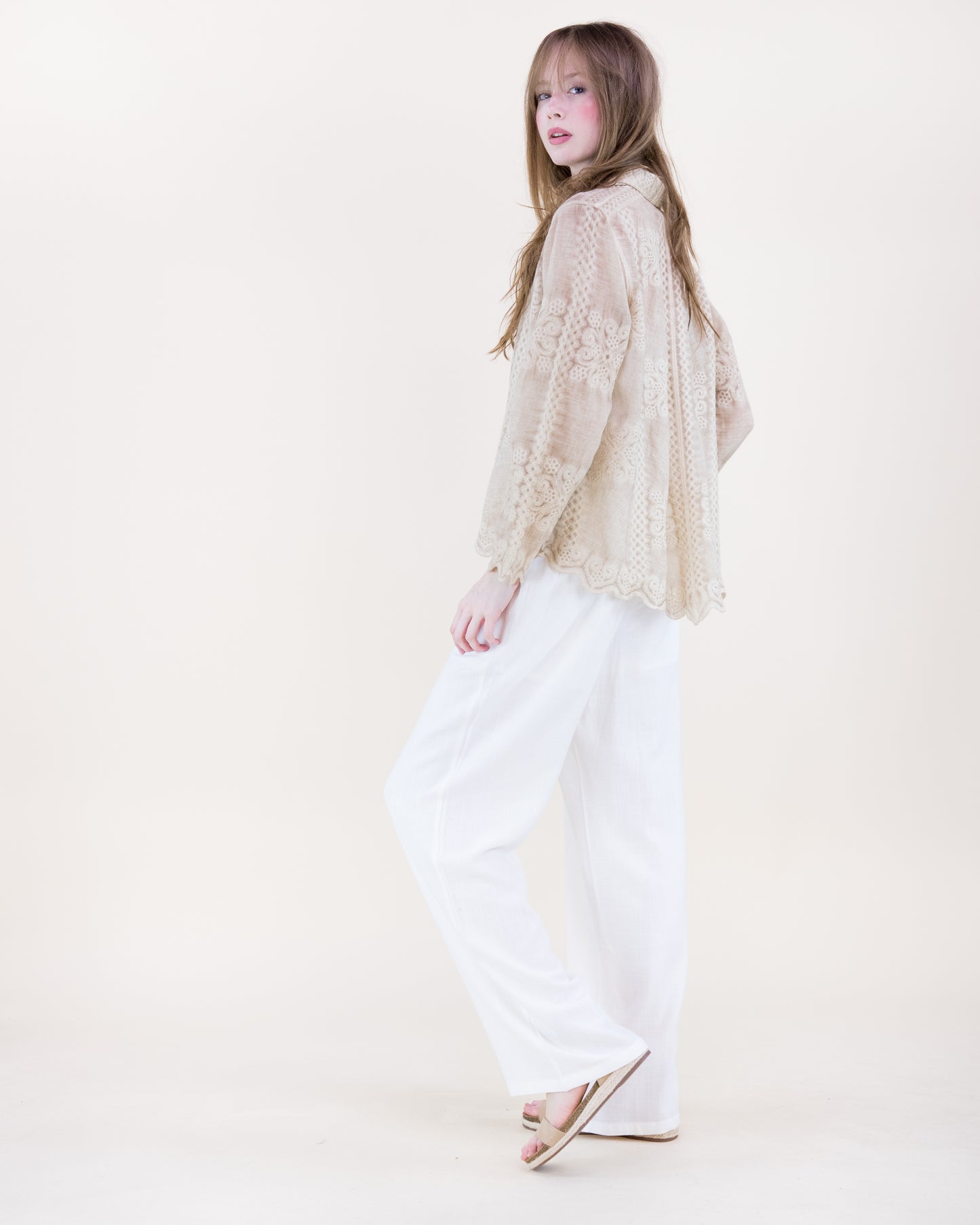 Petal Tile Scalloped Hem Embroidered Mineral Wash Shirt
